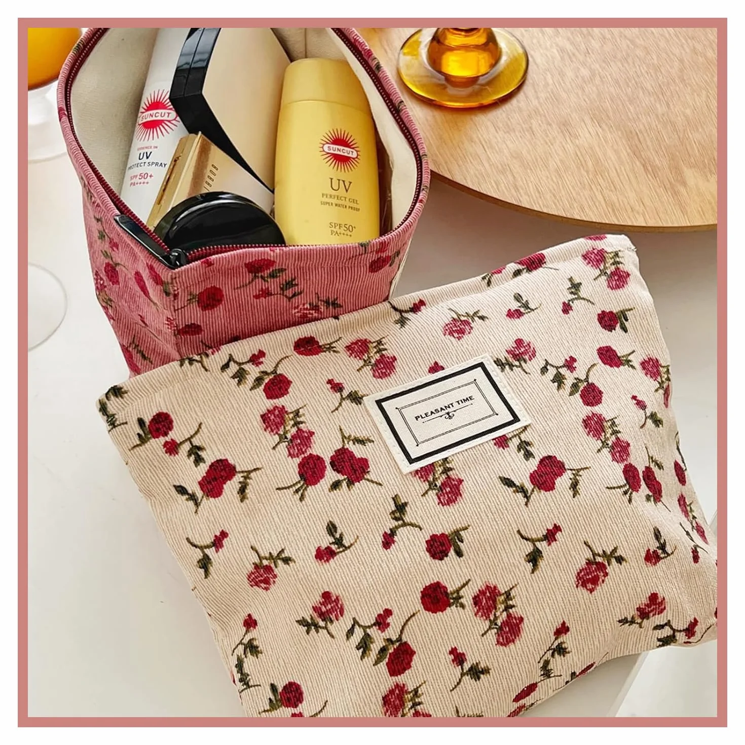 Lot de 2 Trousses de Maquillage Femme, Trousse de Toilette Voyage Motif Fleurs Roses, Pochette cosmétique avec Fermeture éclair