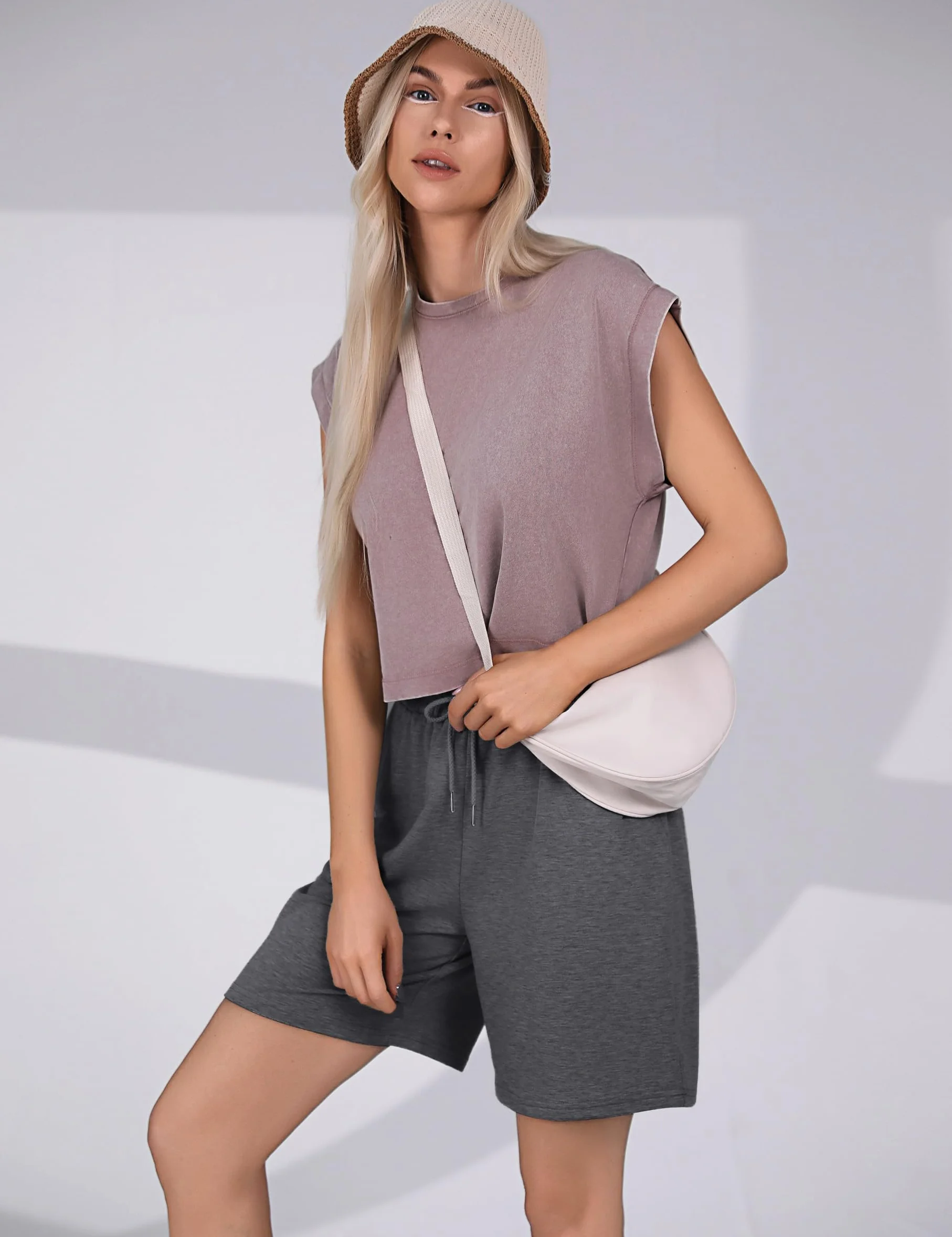 Short Sport Femme Taille Haute Pantalon de Jogging Court avec Poches Course à Pied