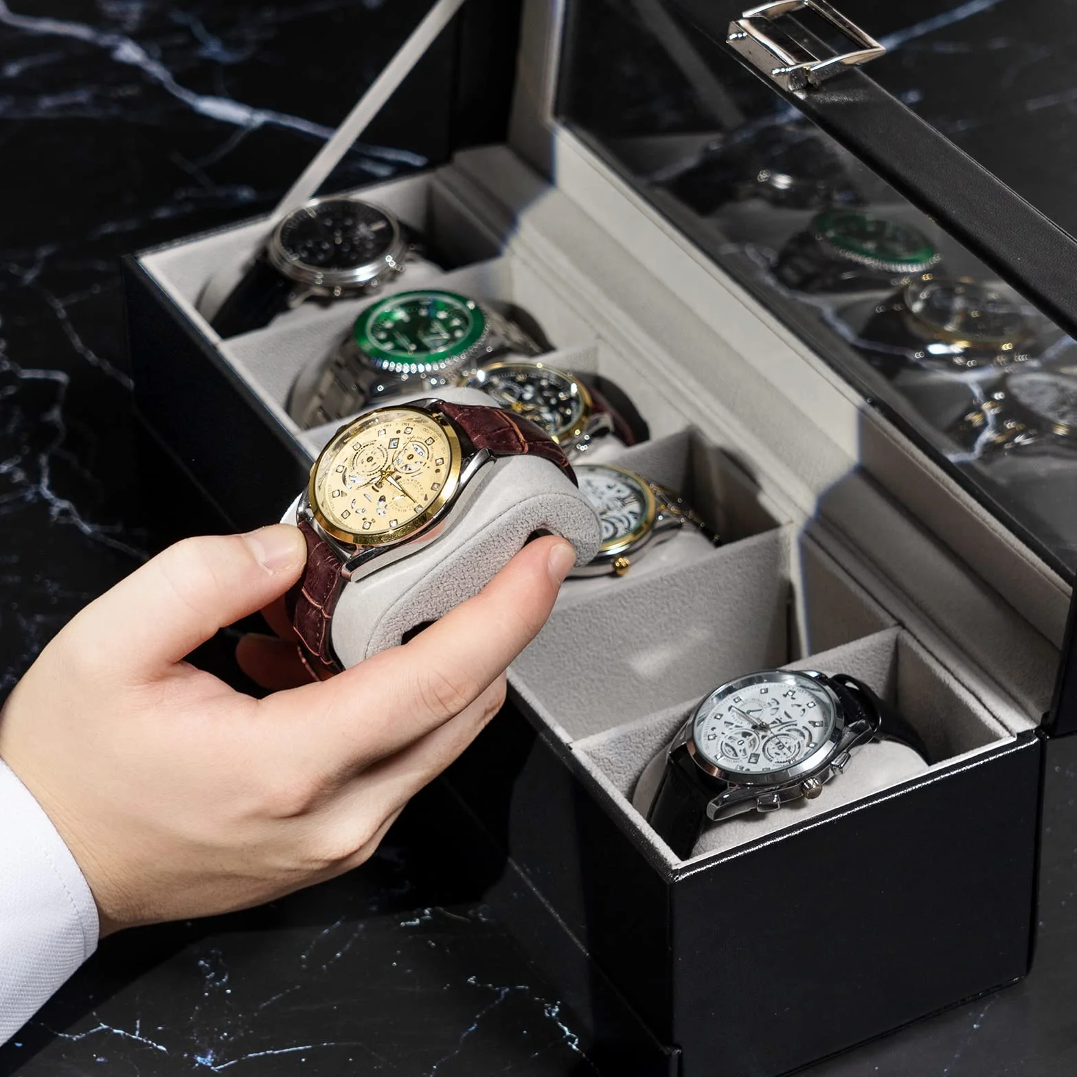 ProCase Boite a Montre 2 Niveaux 6 Emplacements avec Coussins Couvercle en Verre Noir