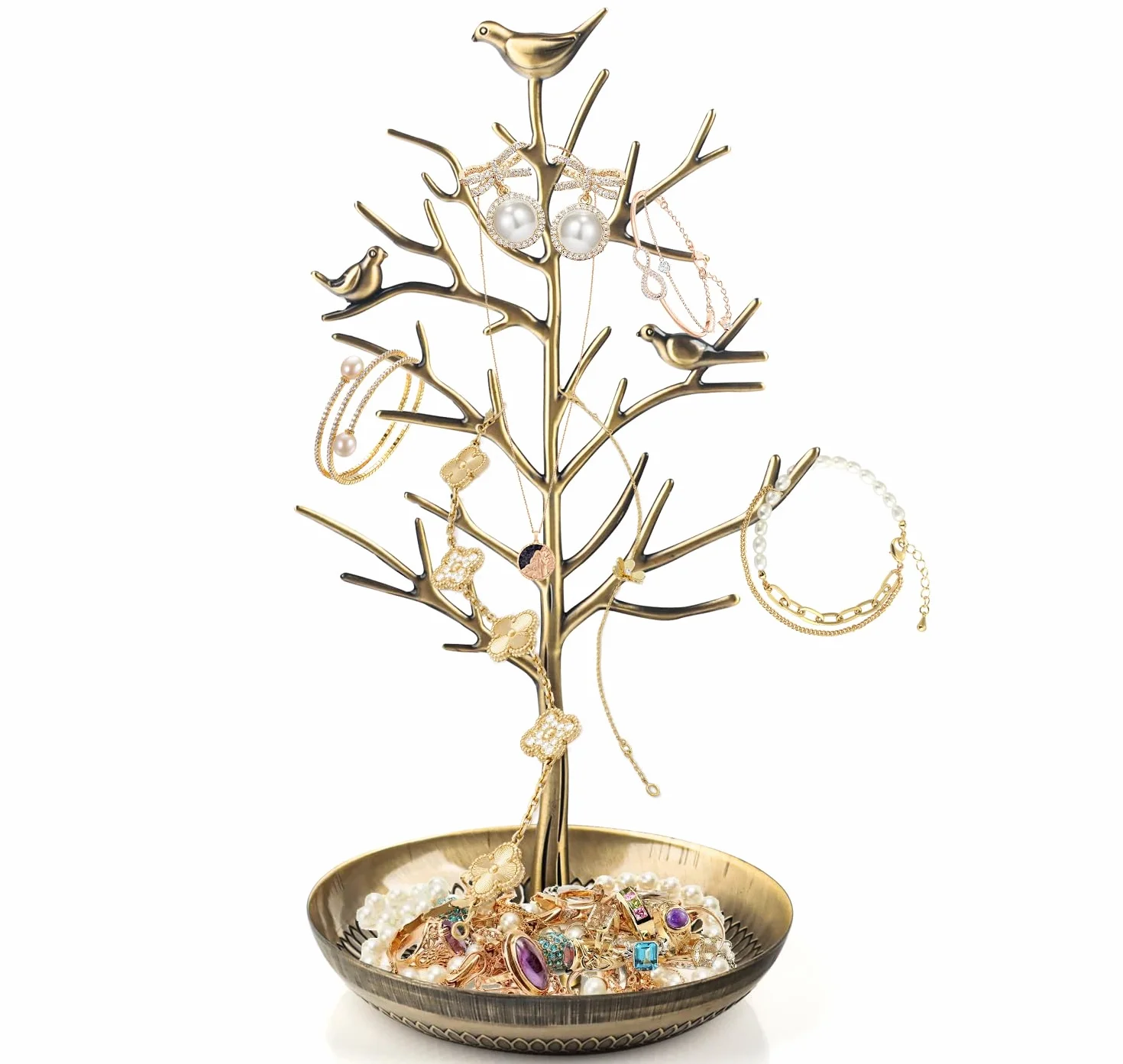Arbre à Bijoux en Metal avec Socle Bambou, Porte-Bijoux Présentoir