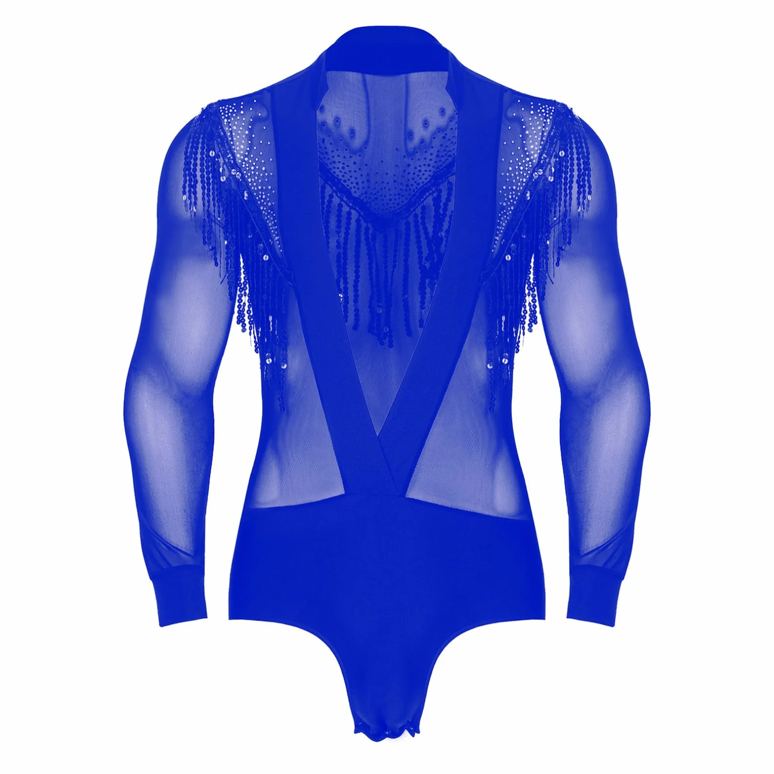 Justaucorps Danse Latine Strass Brillant Col V Manches Longues Chemise Danse de Salon Tango Samba Rumba S-XXL