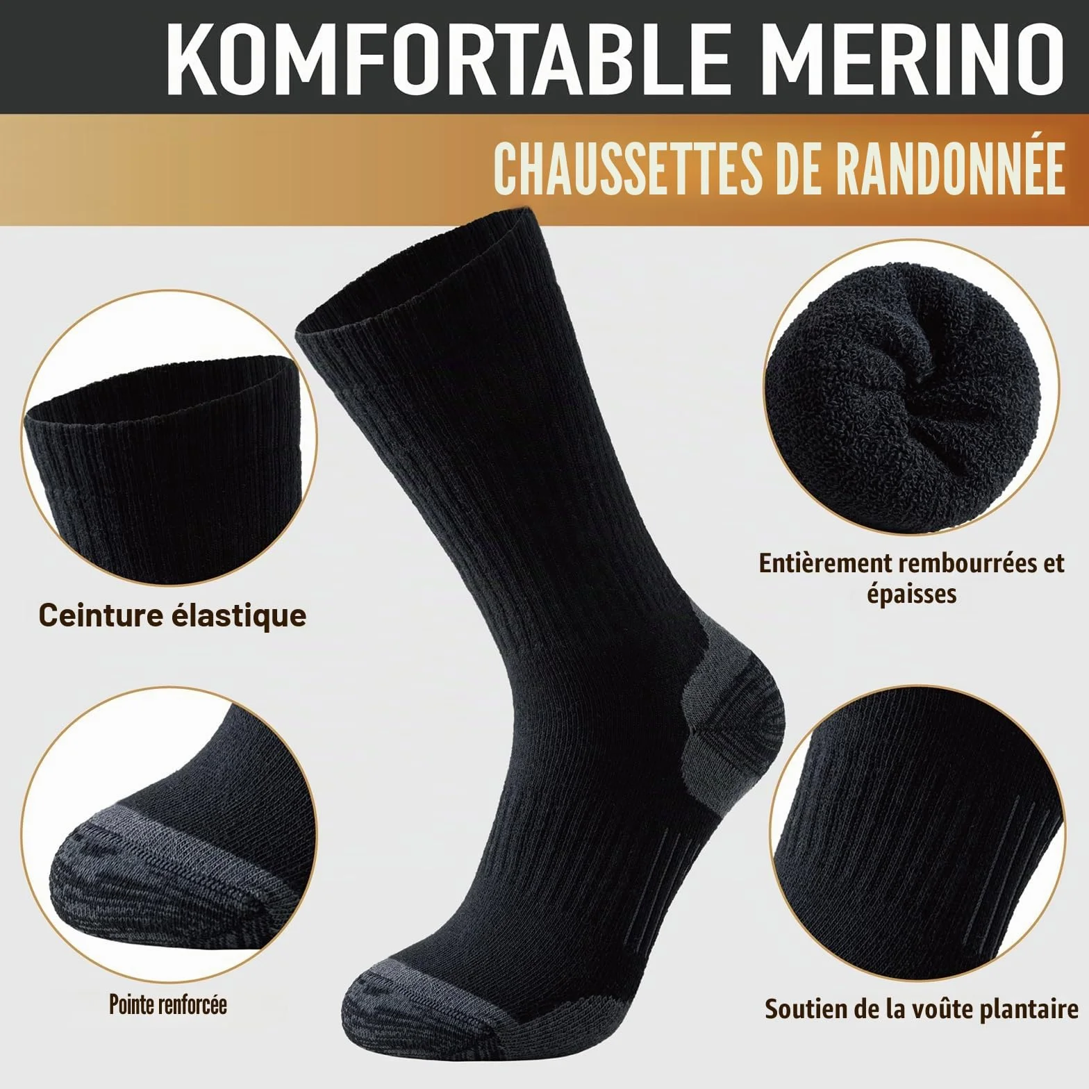 Chaussettes Hiver Chaude Homme Femme en Laine Mérinos Anti-Ampoules 3 Paires