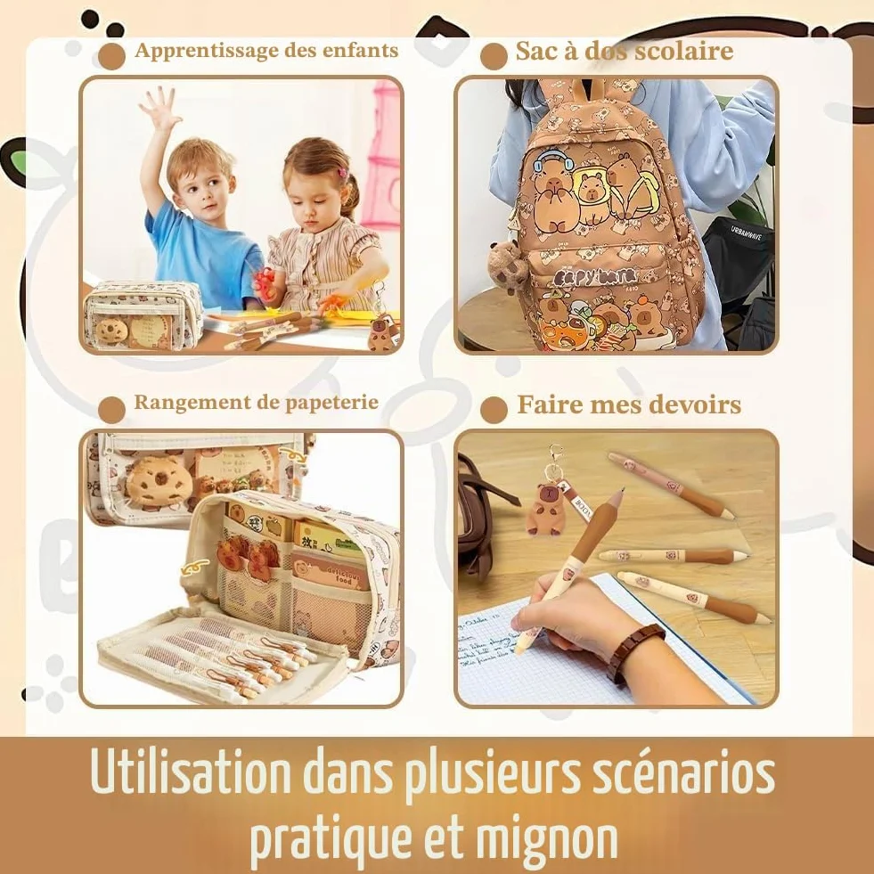 Capybara Schoolbag Cartoon Sac à Dos Scolaire Grande Capacité Kawaii with Federmäppchen, Porte-Clés & Pen Set
