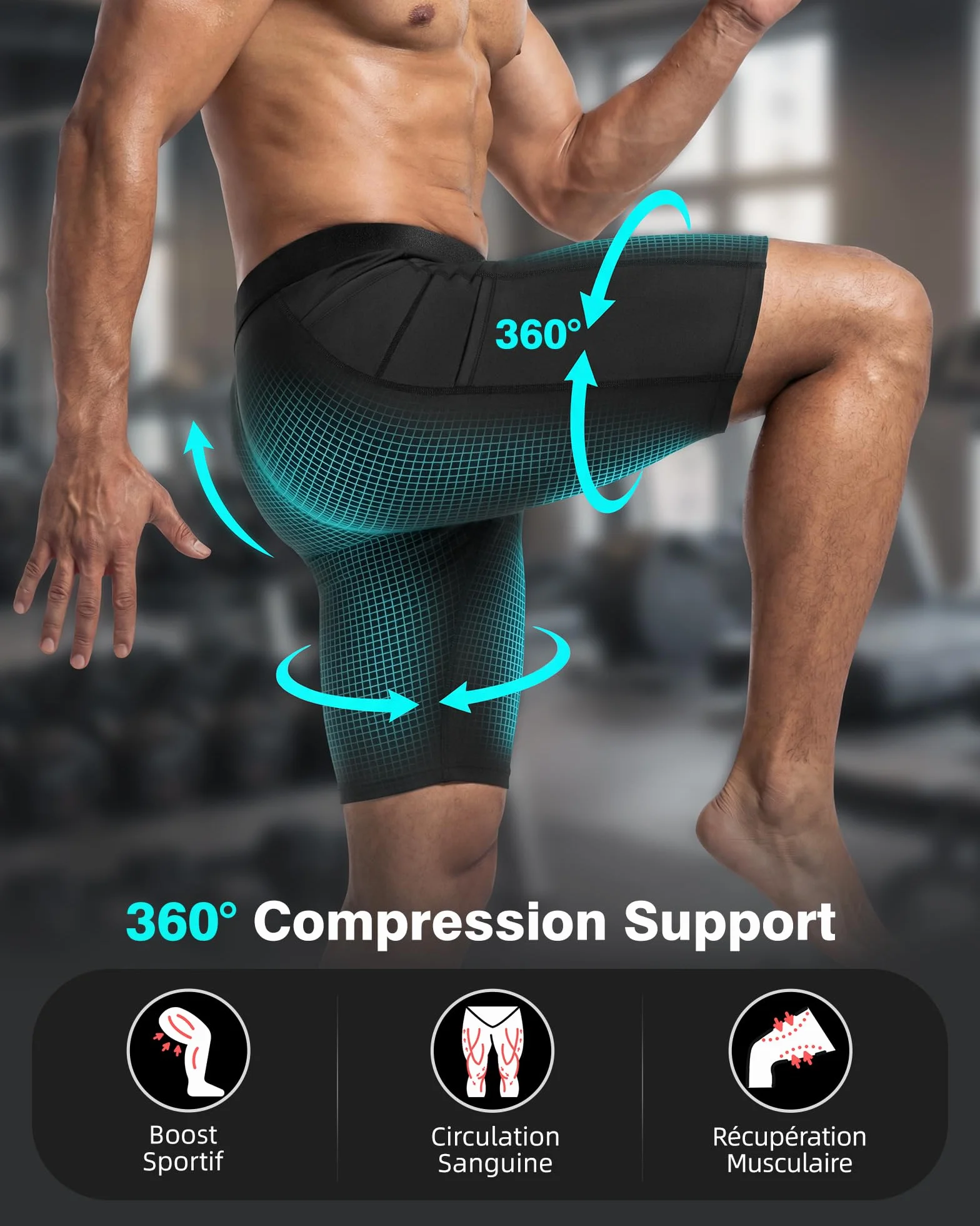 Short de Compression Homme avec Poche Téléphone, Séchage Rapide, Caleçon Sport Base Layer pour Fitness Gym