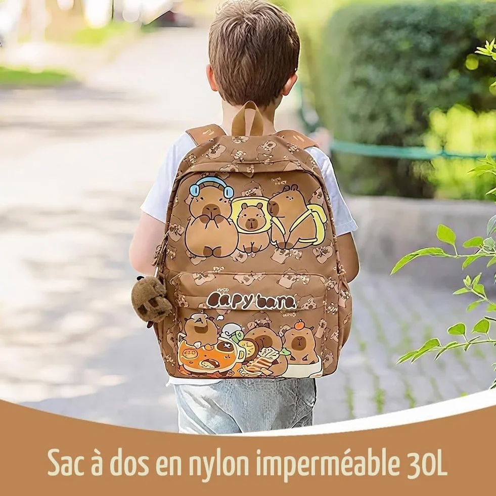 Capybara Schoolbag Cartoon Sac à Dos Scolaire Grande Capacité Kawaii with Federmäppchen, Porte-Clés & Pen Set