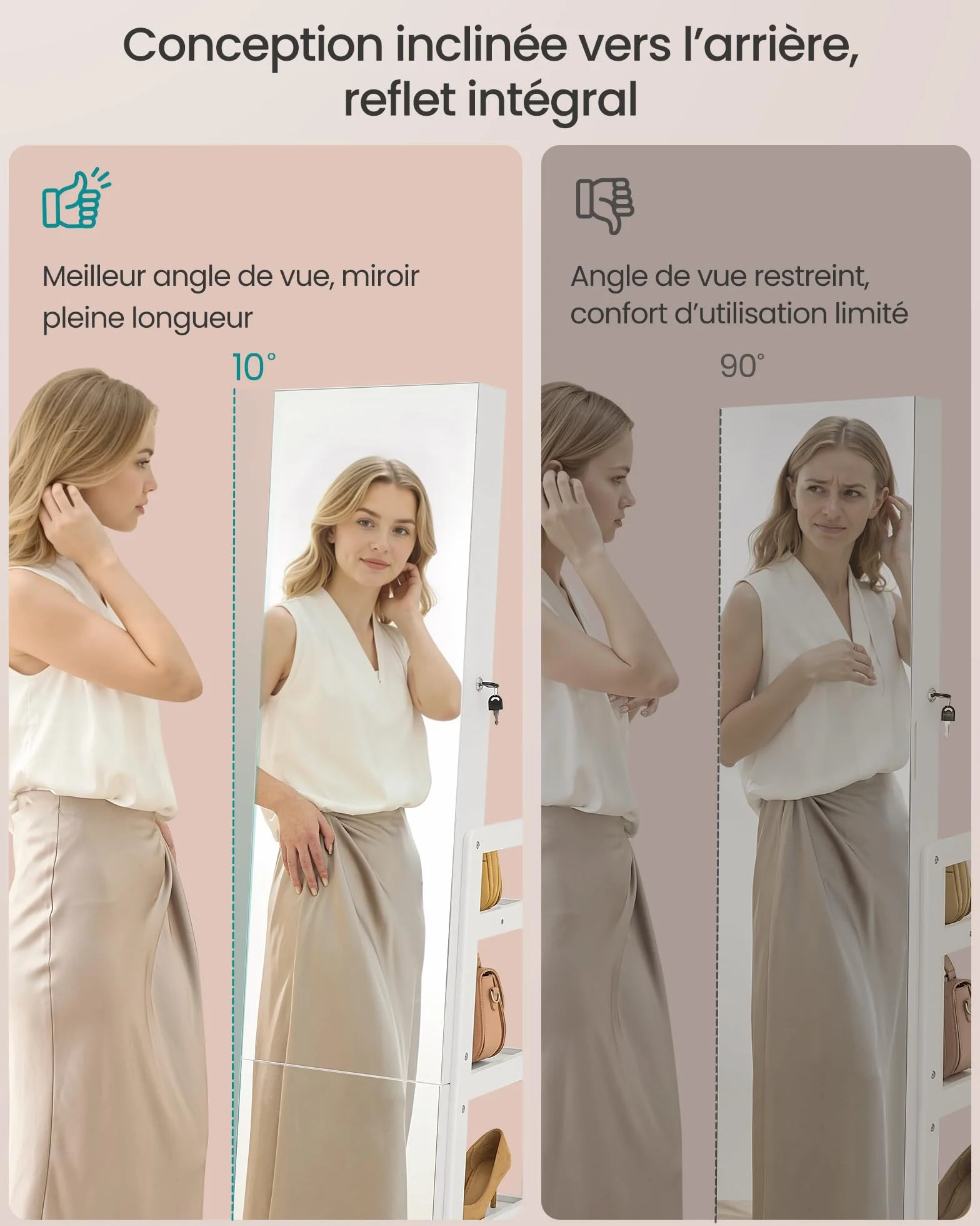 SONGMICS Armoire à Bijoux avec Miroir Intégral, Éclairage et Rotation 360°, Blanc Nuage JJC027WH01