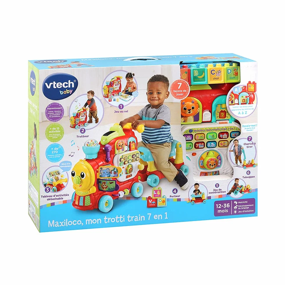 VTech Maxiloco Mon Trotti Train 7 en 1 Trotteur Pousseur Bébé Porteur Évolutif Tableau d'Éveil Interactif Détachable Blocs de Construction Alphabet Cadeau Bébé Dès 1 an
