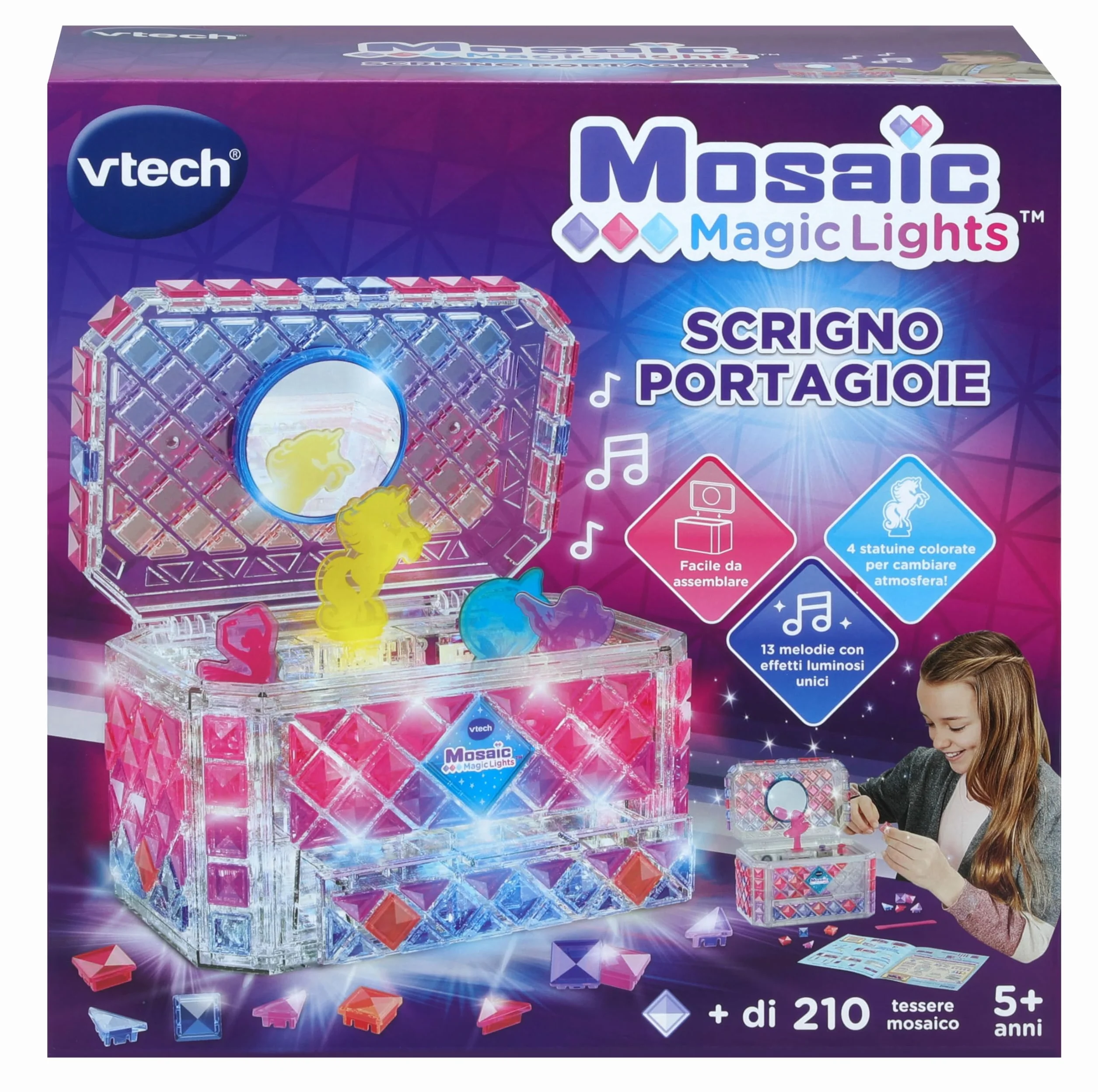 VTech Mosaic Magic Lights Boîte à Bijoux Lumineuse pour Enfant, Personnalisable avec 200 Carreaux de Mosaïque, 4 Figurines, Mélodies Relaxantes, Langue Italienne