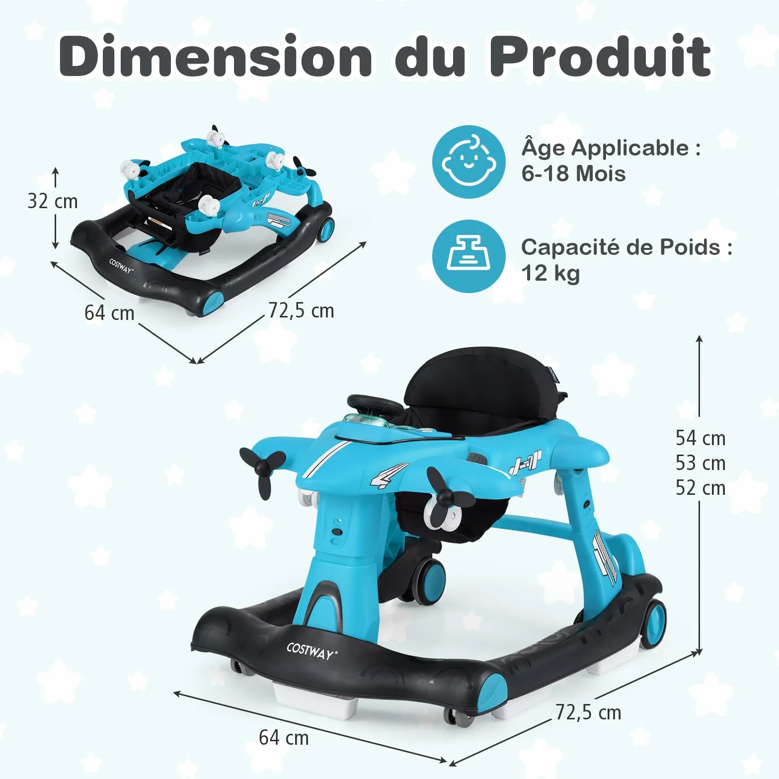 COSTWAY 6 en 1 Trotteur Bébé Pliable avec Hauteur Réglable, Roues Silencieuses, Charge 12kg (Bleu)