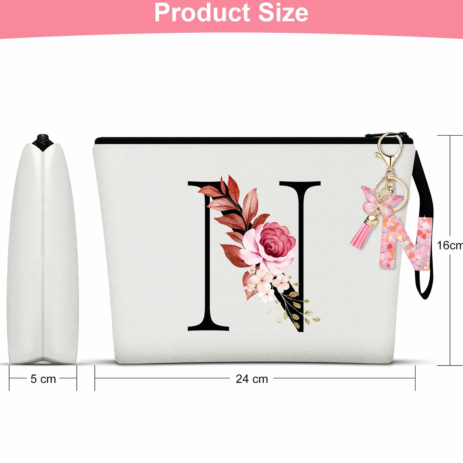 Trousse Personnalisée Maquillage Porte-Clés Lettre Rose pour Femmes Fille Maman Noël Anniversaire N