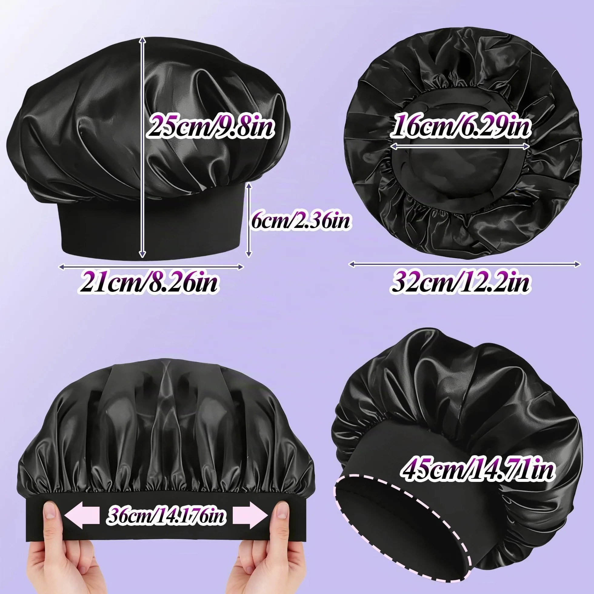 Lot de 2 Bonnets Satin Cheveux Nuit Anti-frisottis - Noir + Argent