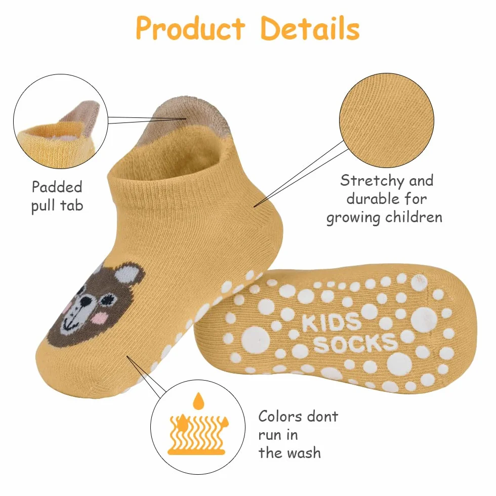 Vicloon Lot de 6 paires chaussettes antidérapantes coton imprimé animal bébé 12-18 mois