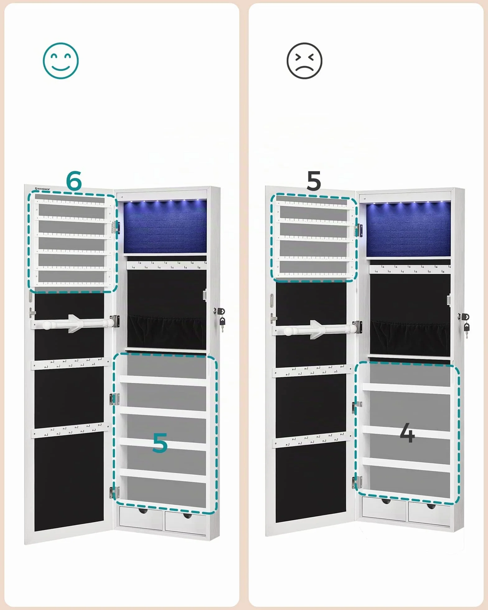 SONGMICS Armoire à Bijoux avec Miroir Long, 6 Lampes LED, 2 Tiroirs, Blanc JJC99WT