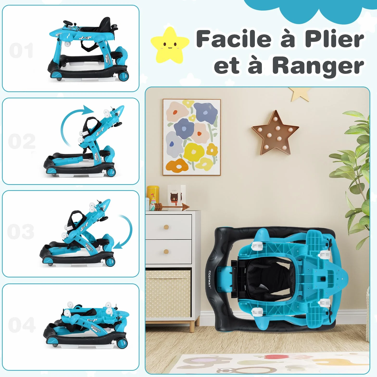 COSTWAY 6 en 1 Trotteur Bébé Pliable avec Hauteur Réglable, Roues Silencieuses, Charge 12kg (Bleu)
