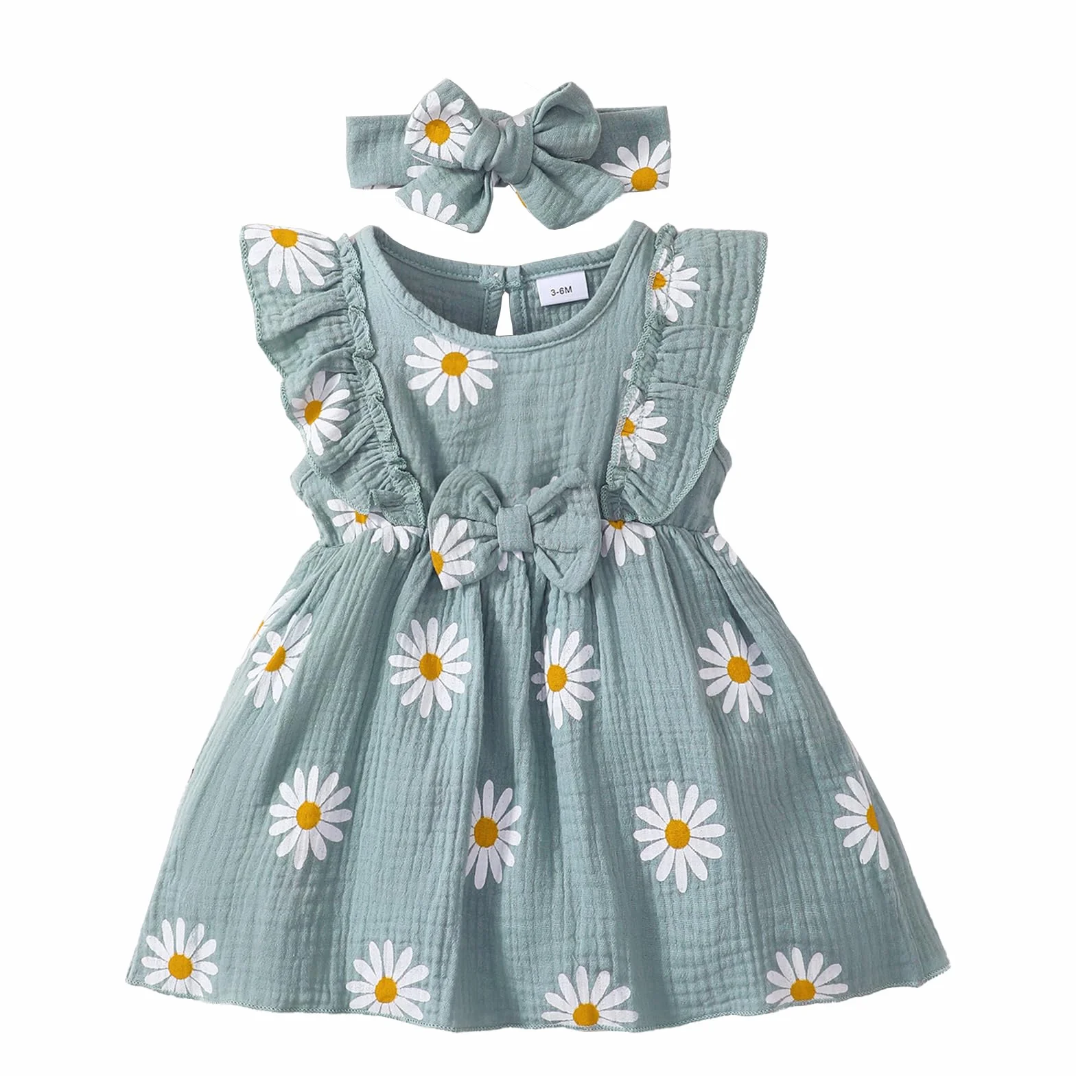 Robe D'été Bébé Fille Nouveau-né Motif Marguerite avec Bandeau
