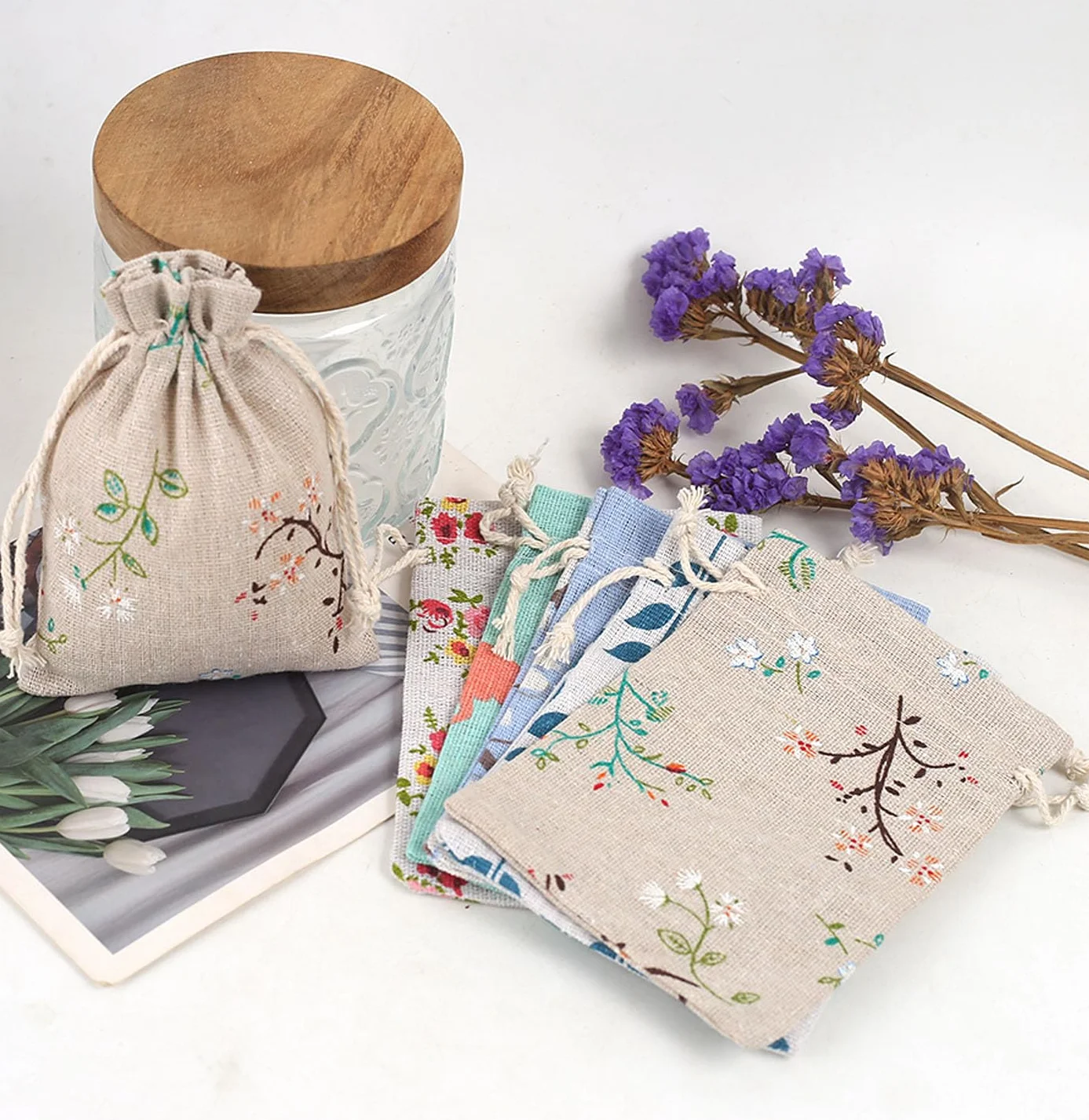 DAHI 25pcs Pochon Coton avec Cordon 10 x 14 cm Sacs Cadeau en Lin Chanvre Jute pour Bijoux