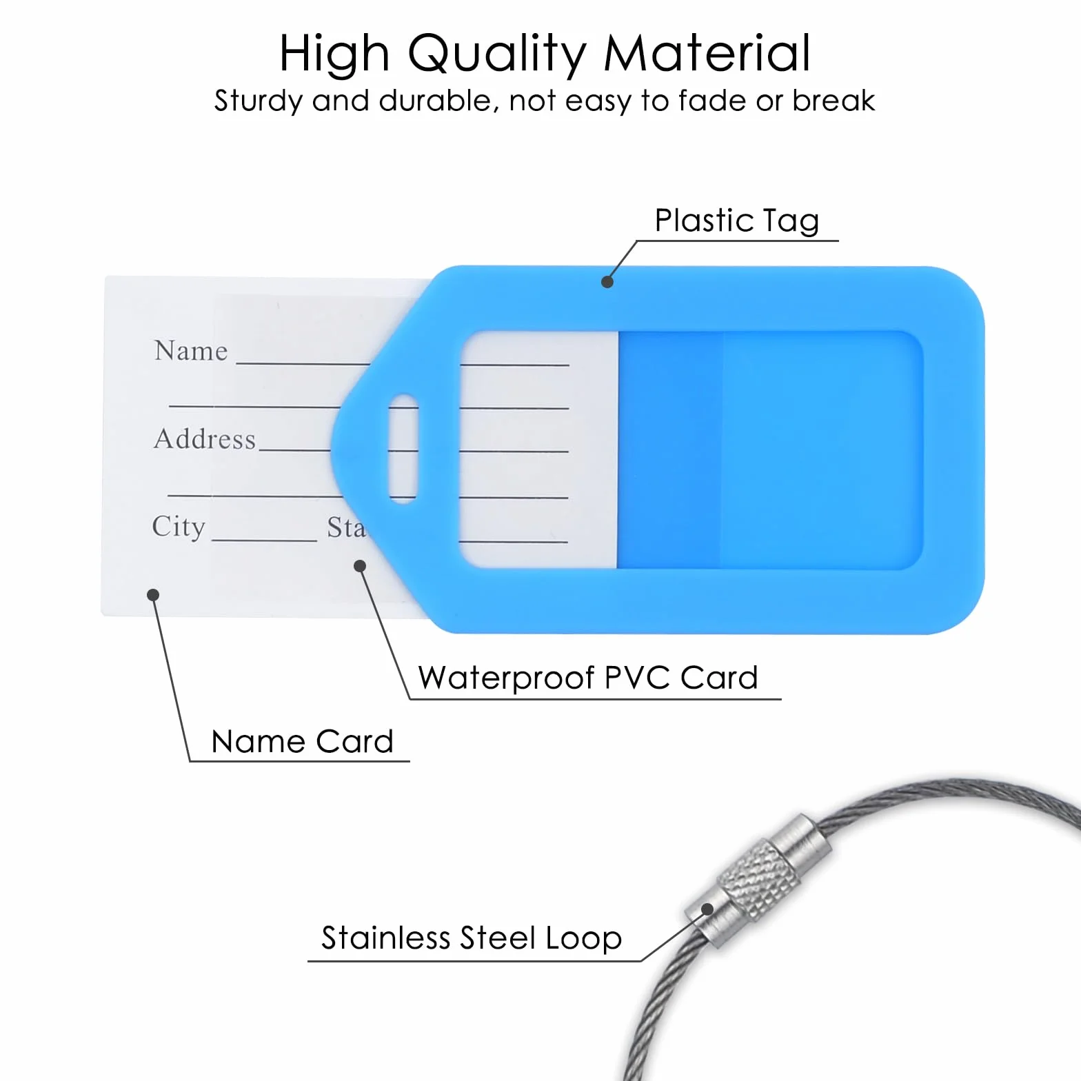 Étiquettes de Bagage en Plastique avec Cordon Inox et Carte PVC étanche, Lot de 12