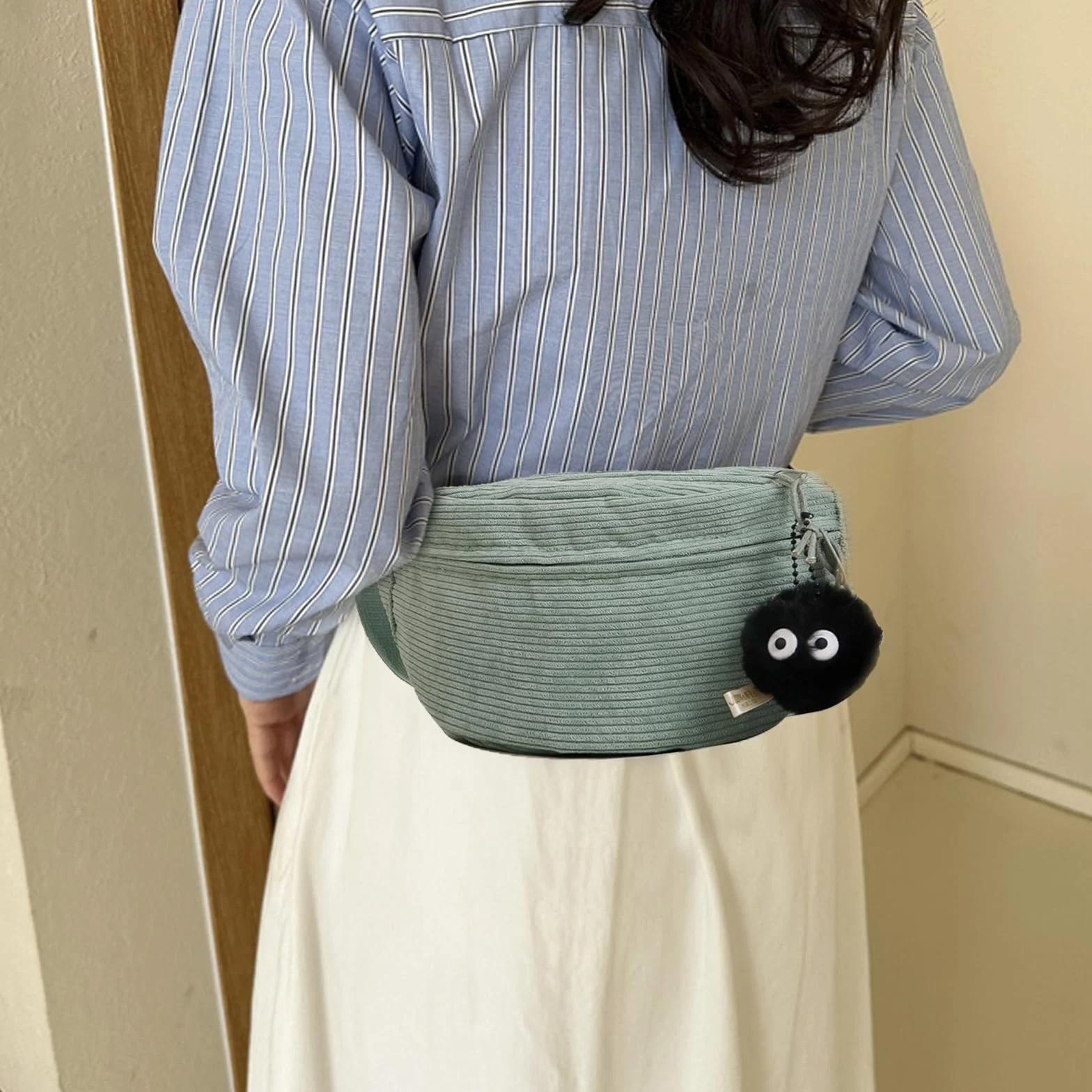 Sac Banane Velours Côtelé, Sac de Ceinture de Couleur Unie, Sangle Réglable (Vert)