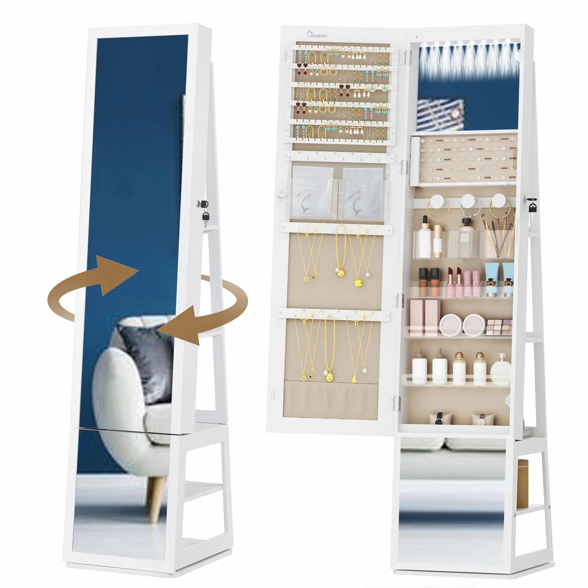 Armoire à bijoux 160cm avec LEDs, base rotative 360°, miroir verrouillable, Blanc et Beige