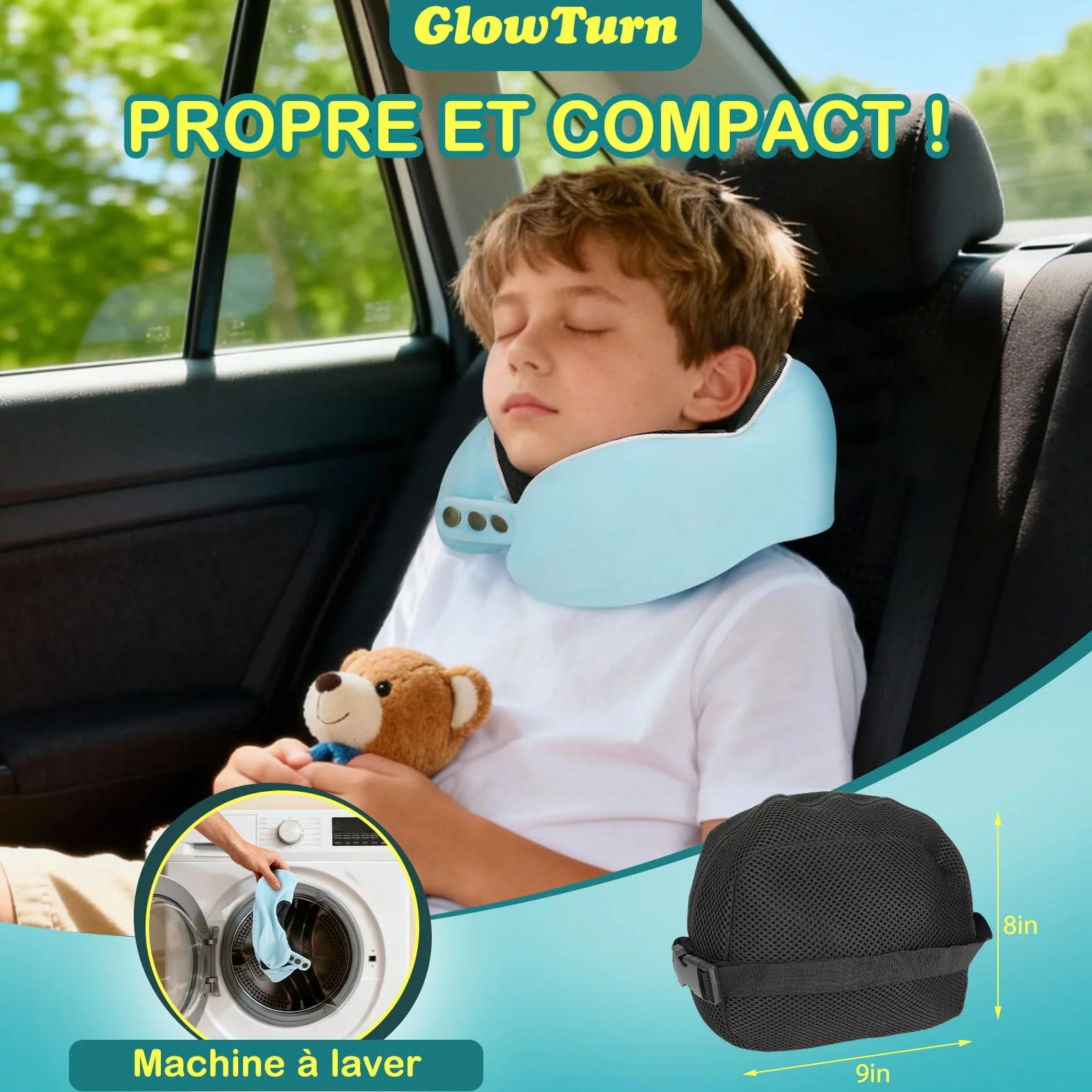 Coussin de Voyage Enfant Adulte Mousse à Mémoire 220 g Soutien 360° Réglable Pliable Avion Train Voiture Bleu