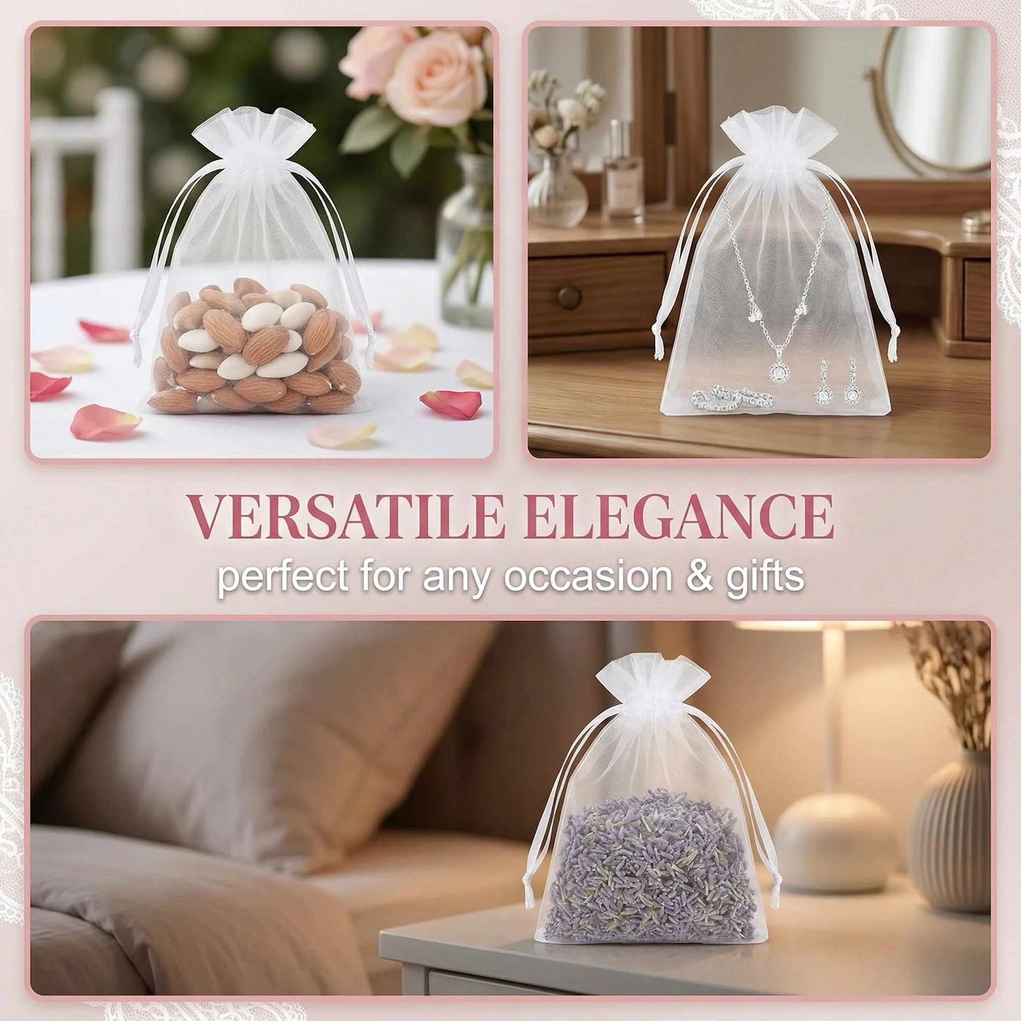Sachet Organza 50 Pièces 10x15cm Blanc avec Cordon pour Bijoux Cadeaux Mariage