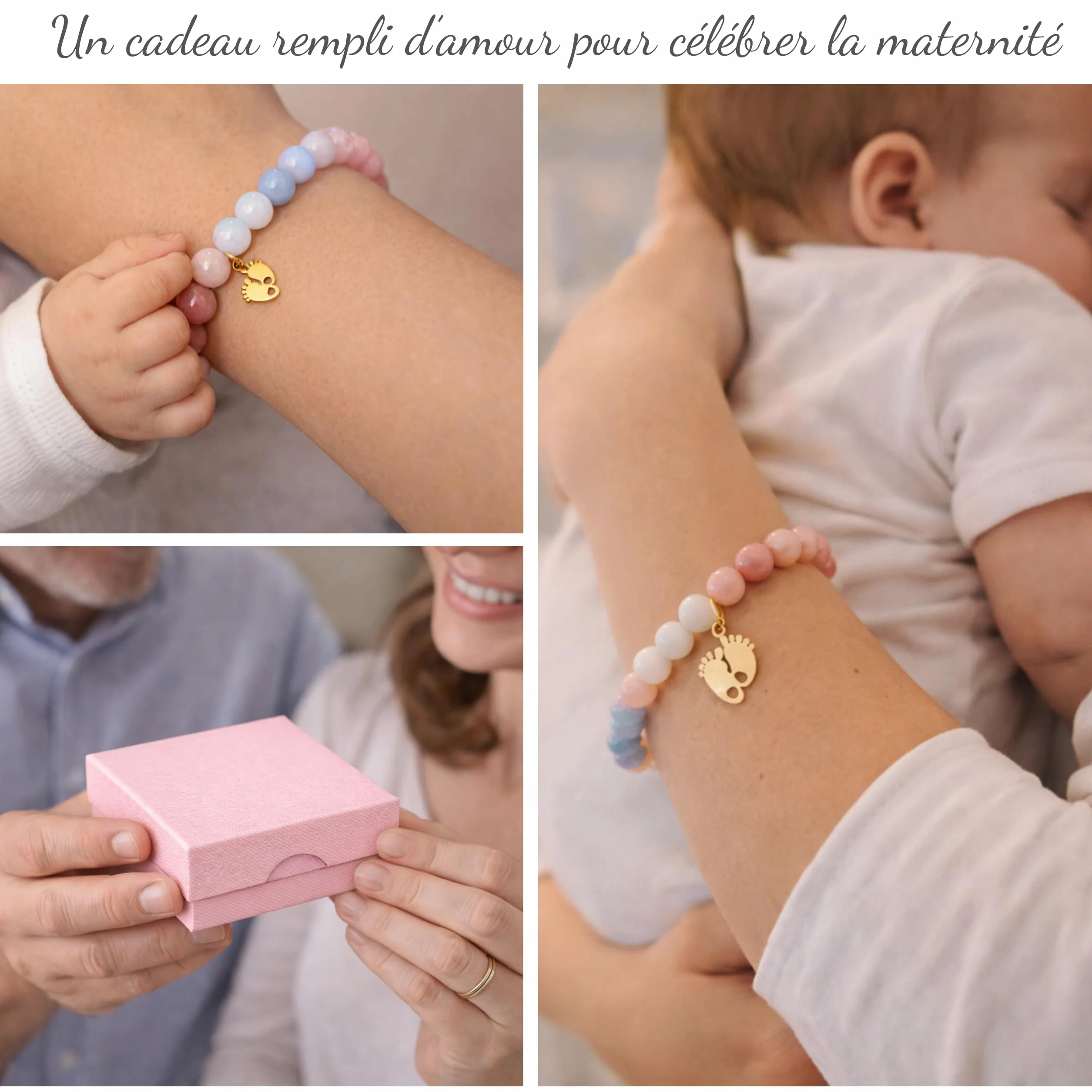 Bracelet Pierre Naturelle Future Maman Breloque Pied Bébé Dorée Rhodonite Quartz Cadeau Femme Enceinte Fait Main Coffret