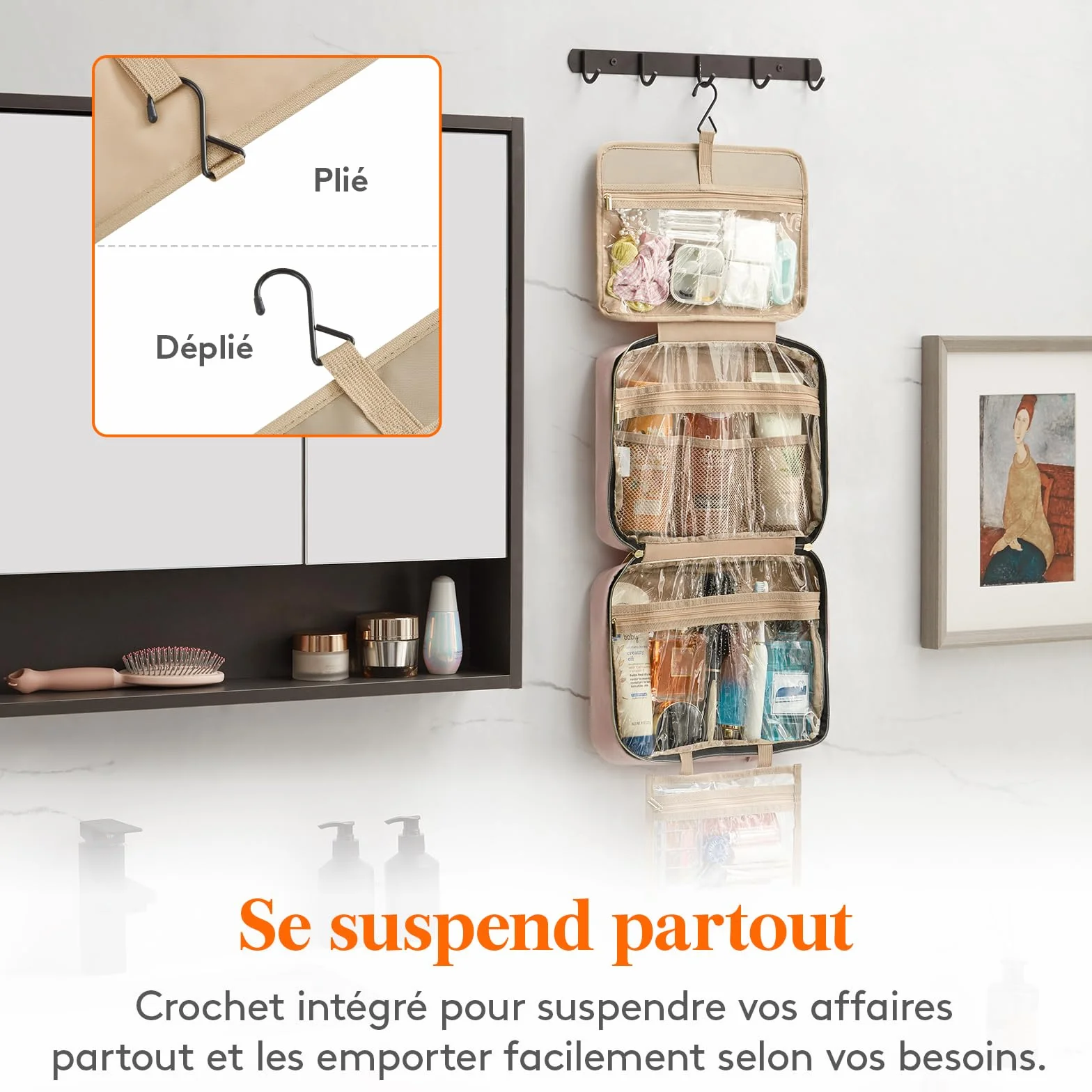 Lifewit Trousse de Toilette Femme Voyage Grande Suspendre avec Crochet, Vanity Maquillage 4 Compartiments Transparent, Rose