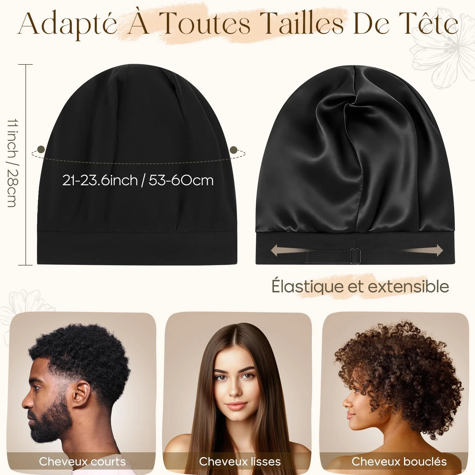 Bonnet Satin Cheveux Nuit Bambou Unisexe Ajustable Doublure Satin Chapeau Sommeil Chimio Soie Femme Homme