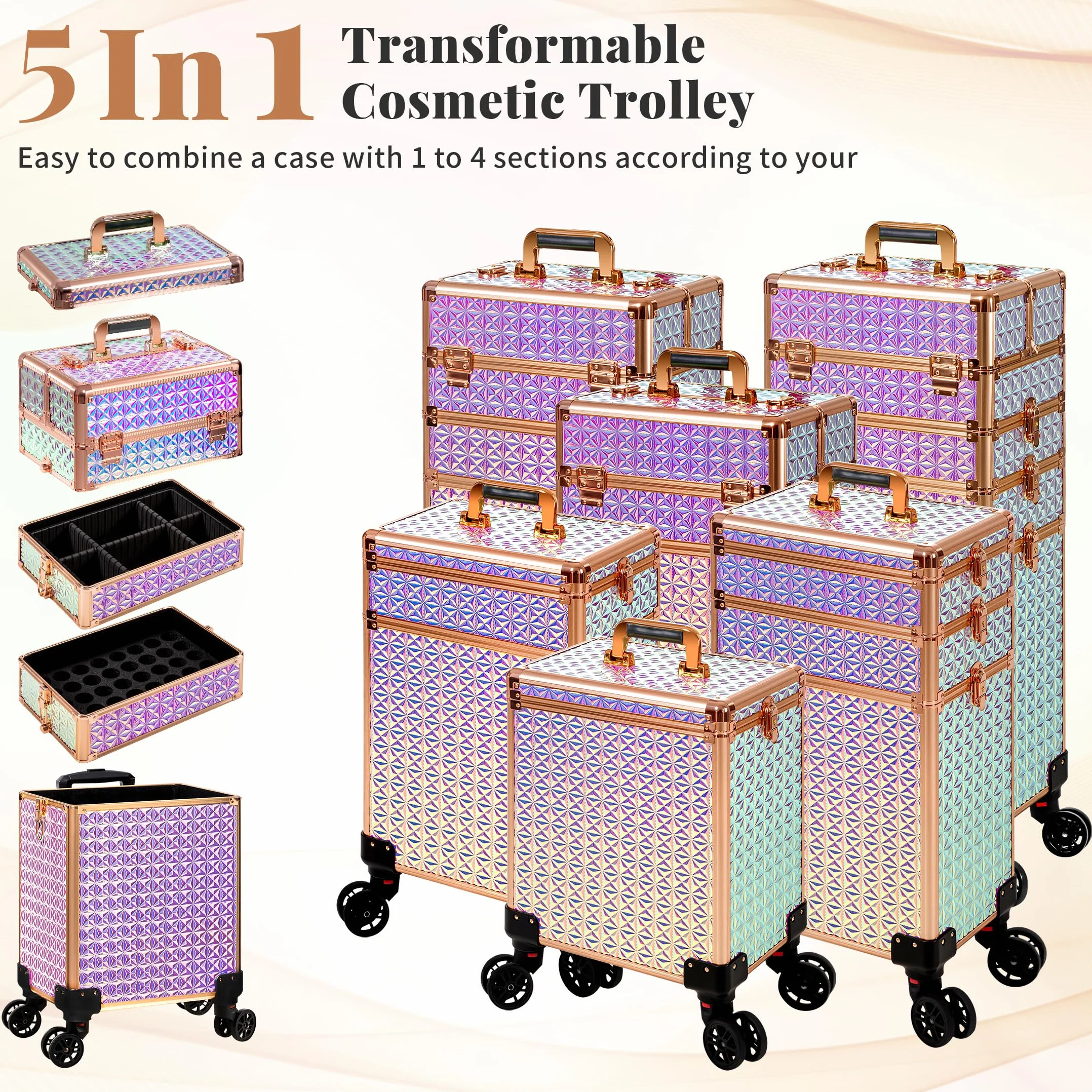 Mallette de maquillage professionnelle en aluminium 5 en 1 avec roulettes pivotantes 360°