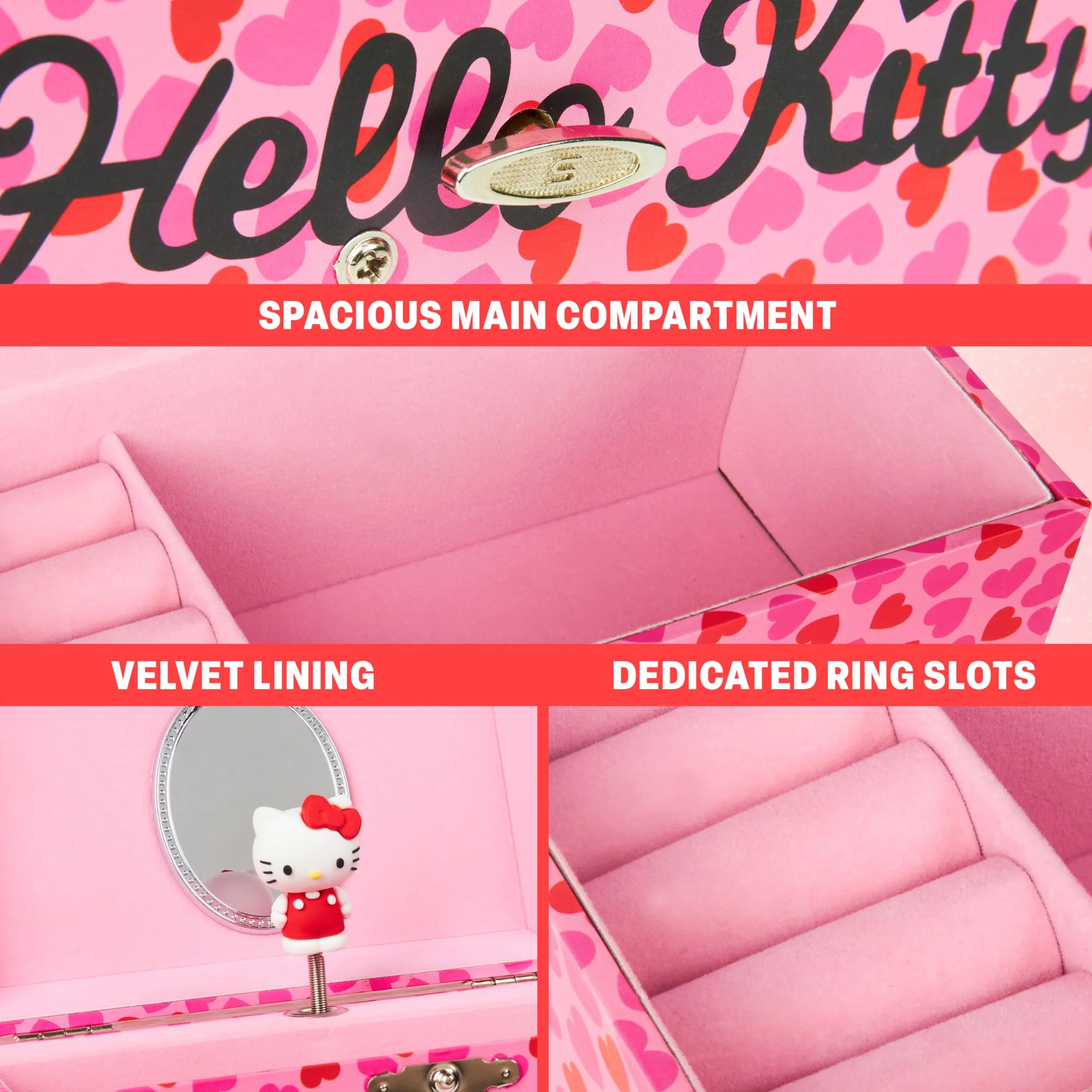 Hello Kitty Sanrio Boîte à Bijoux Musicale Fille Ado Coffret Kawaii Miroir Tiroirs Rangement Rose