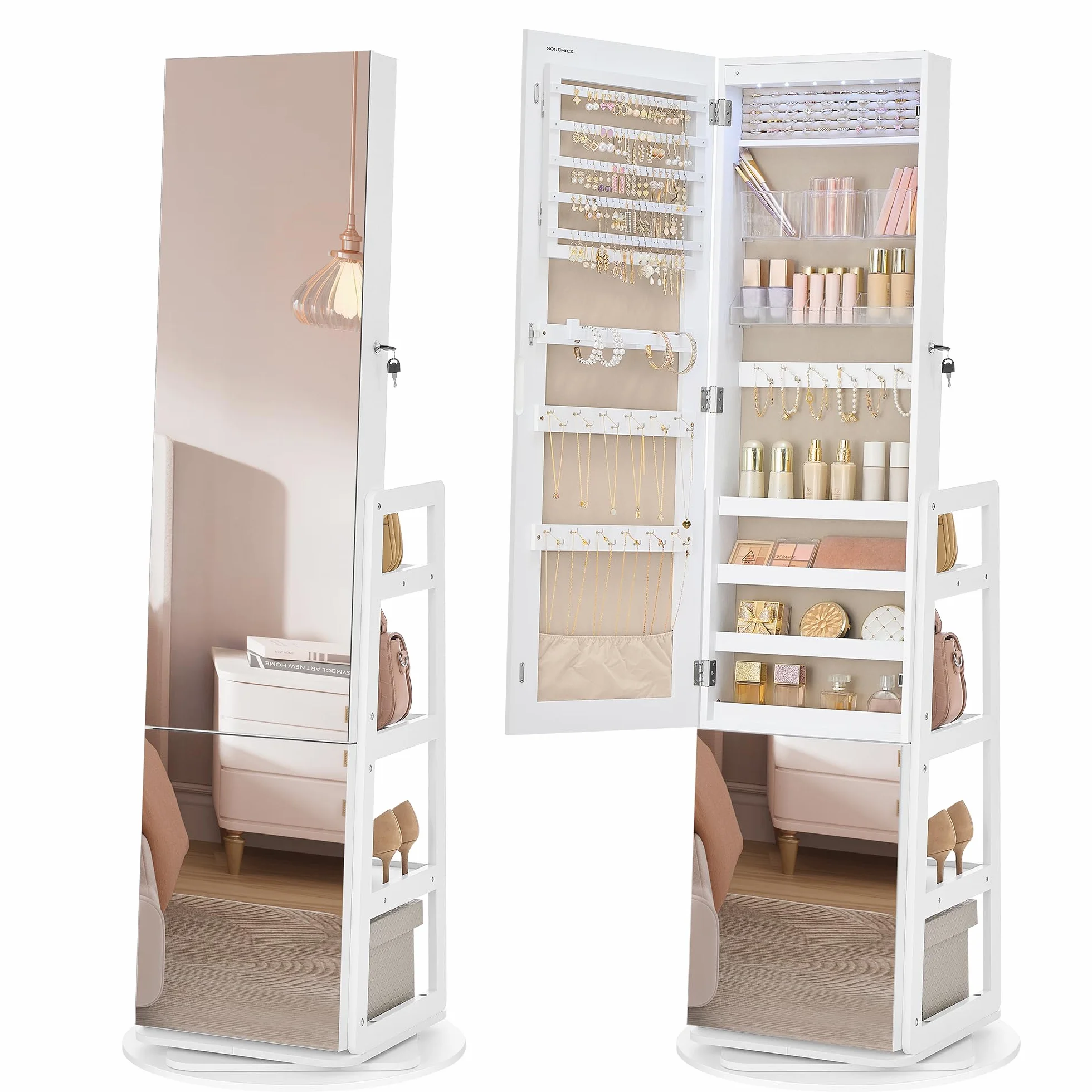 SONGMICS Armoire à Bijoux avec Miroir Intégral, Éclairage et Rotation 360°, Blanc Nuage JJC027WH01