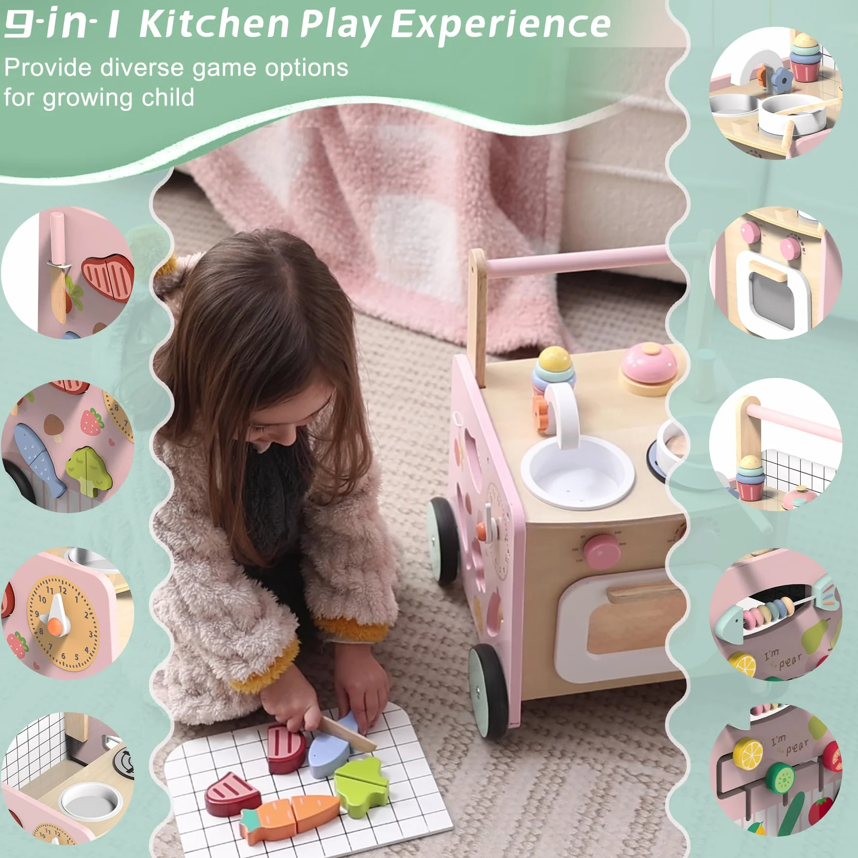Trotteur Bébé en Bois 9 en 1 Chariot de Marche avec Jouets Montessori et Cuisine de Jeu