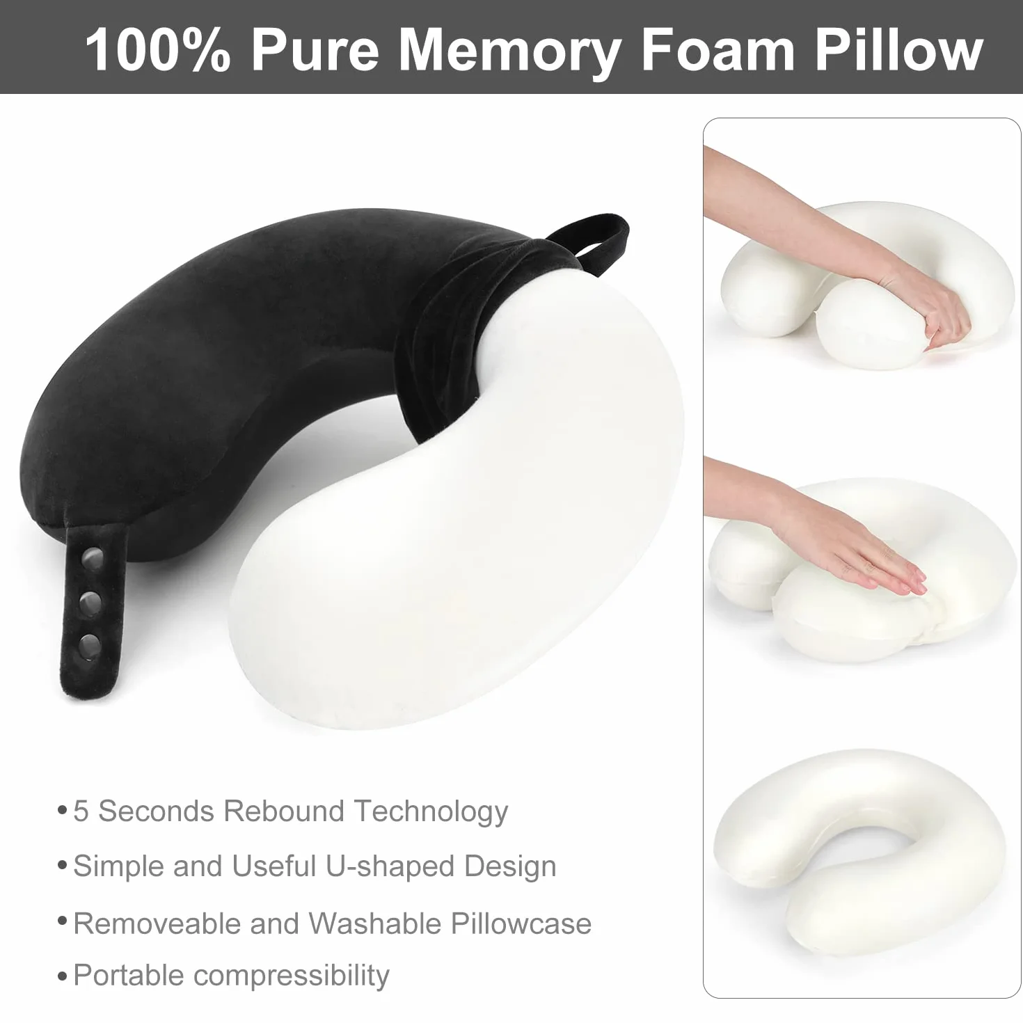 Oreiller de Voyage en Mousse à Mémoire de Forme Soutien Tête Réglable Avion Voiture Maison Noir