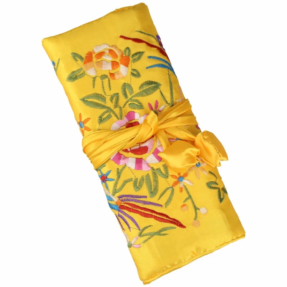 Sac à bijoux de voyage en brocart de soie fleurs et oiseaux avec rubans, fermeture à nouer, jaune
