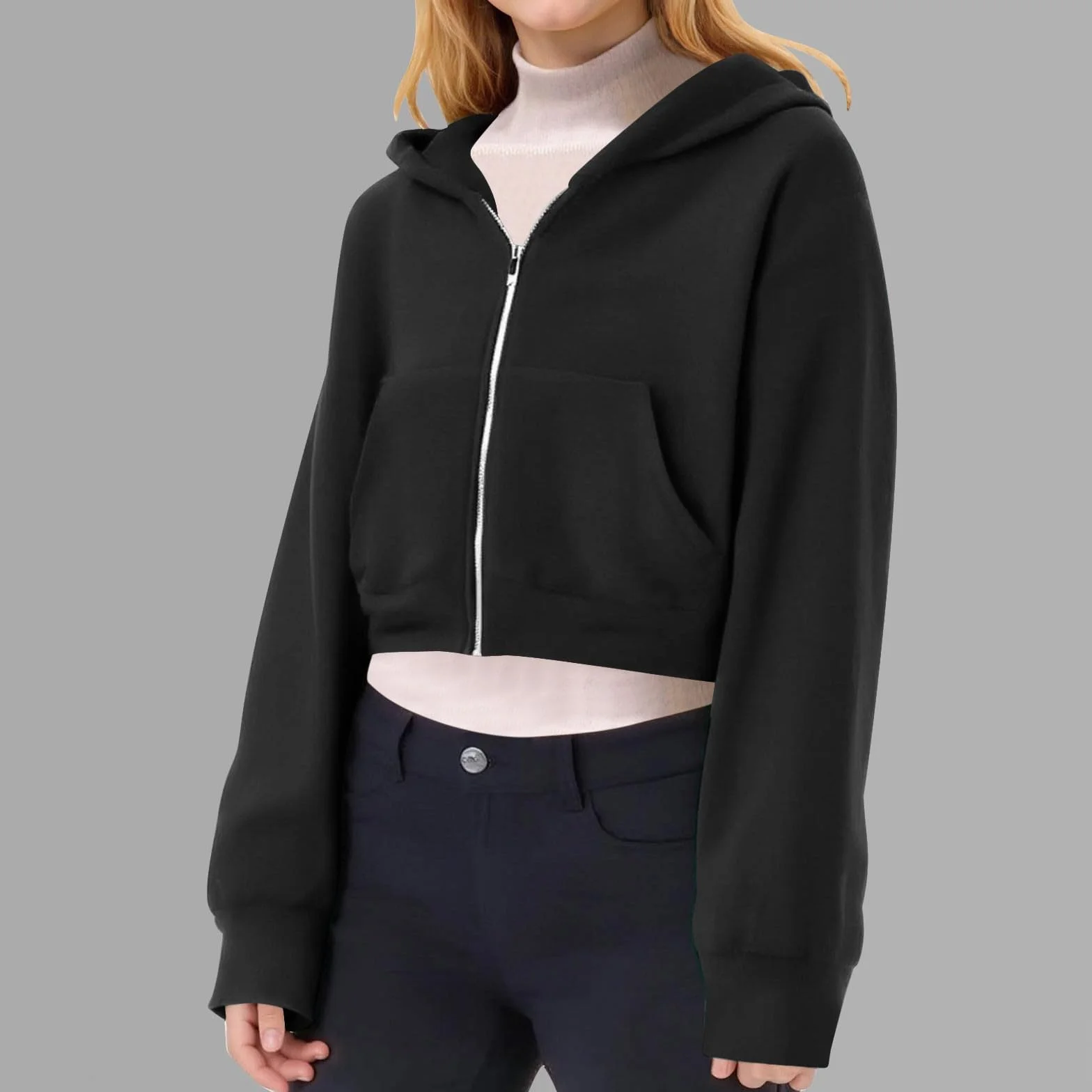 Sweat Court Fille à Capuche Zippée Veste Crop Top Sweatshirt Ado Manche Longue Hiver