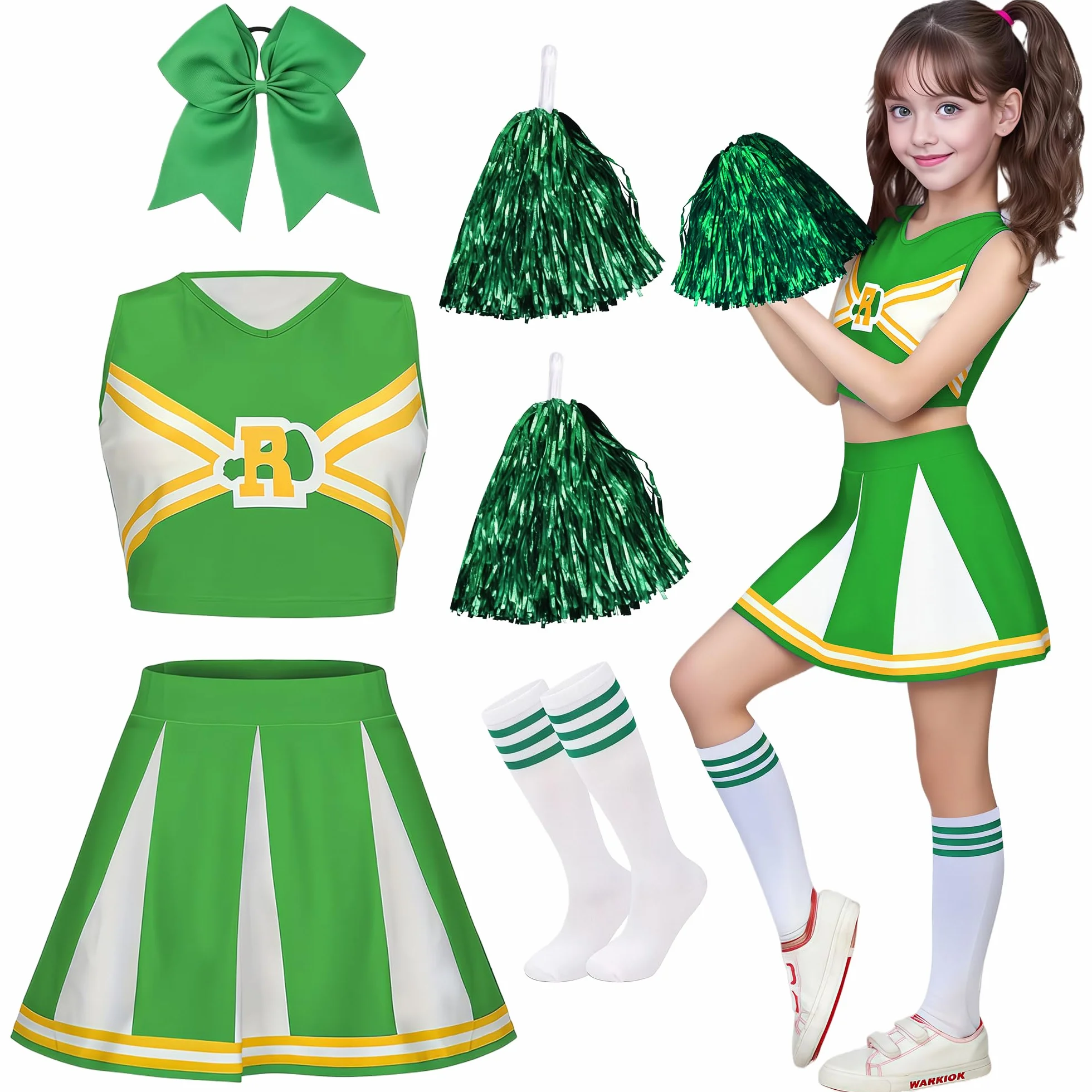 Costume Pompom Girl Enfant Cheerleader Fille Tenue avec Bandeau Pompons Chaussettes Carnaval Halloween