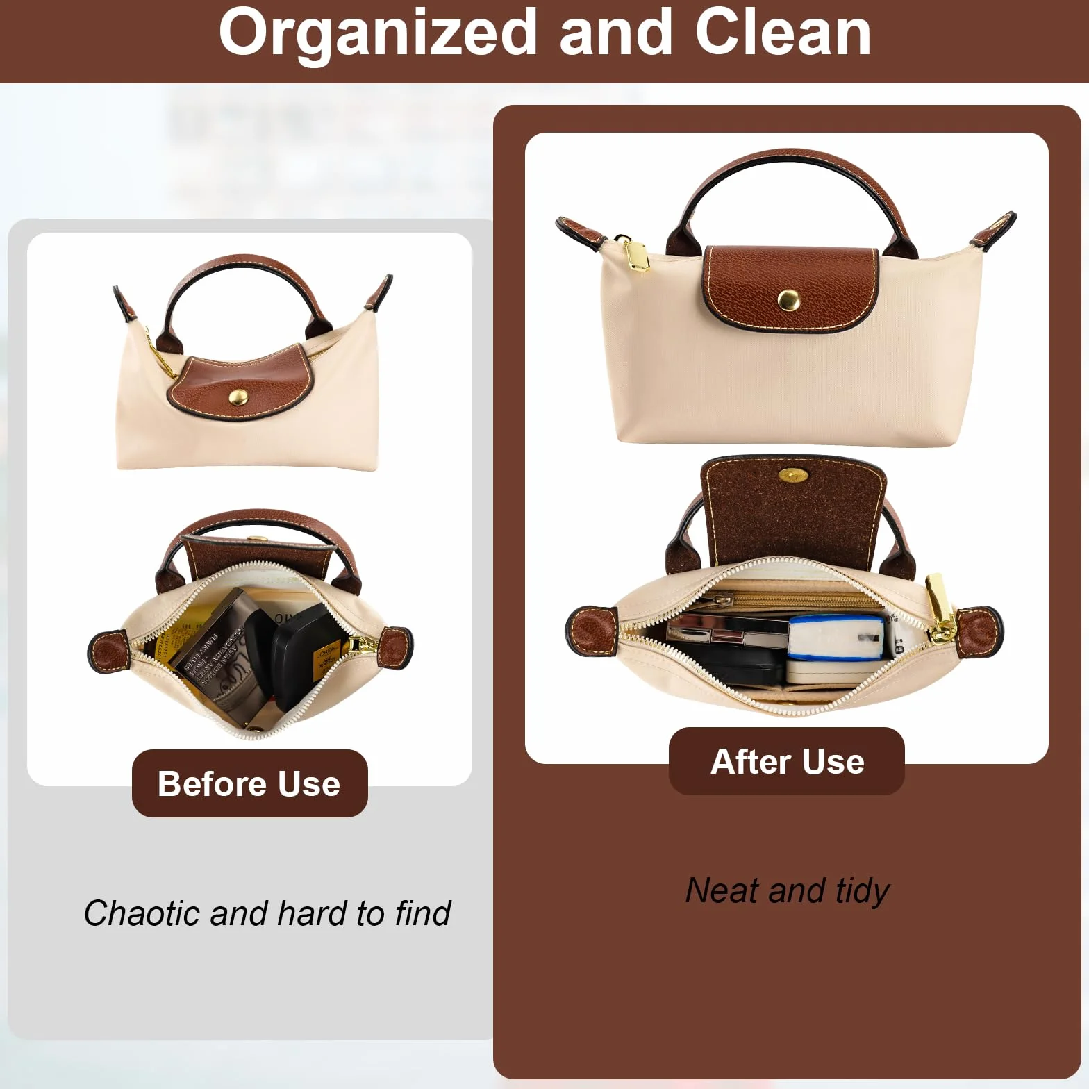 Marron Beige Bandoulière Organisateur Sac Longchamp Mini Femme Réglable Cuir Feutre Poches Multiples