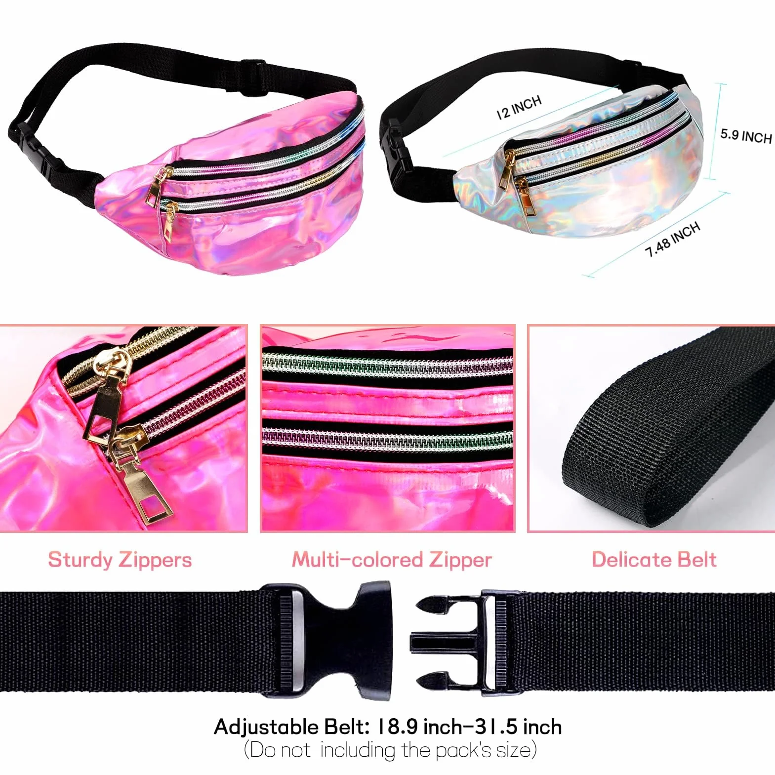 JunD Sac Banane Femme Cuir PU Holographique Années 80 90 pour Festivals Randonnée Course à Pied 2 Pack Argent Rose
