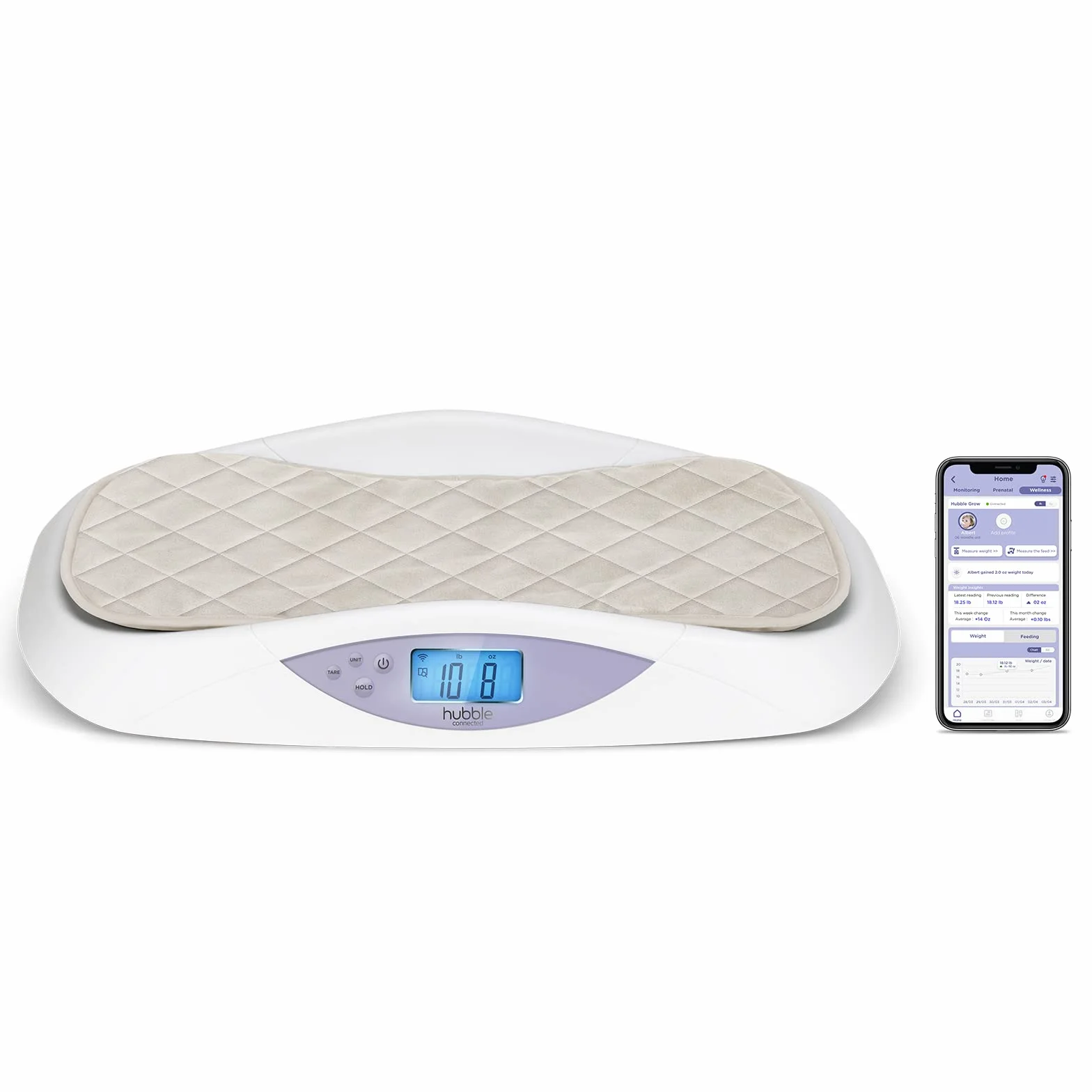 Hubble Connected Grow Pèse-bébé Bluetooth intelligent avec écran LCD, suivi du poids, matelas à langer doux, technologie 4 capteurs