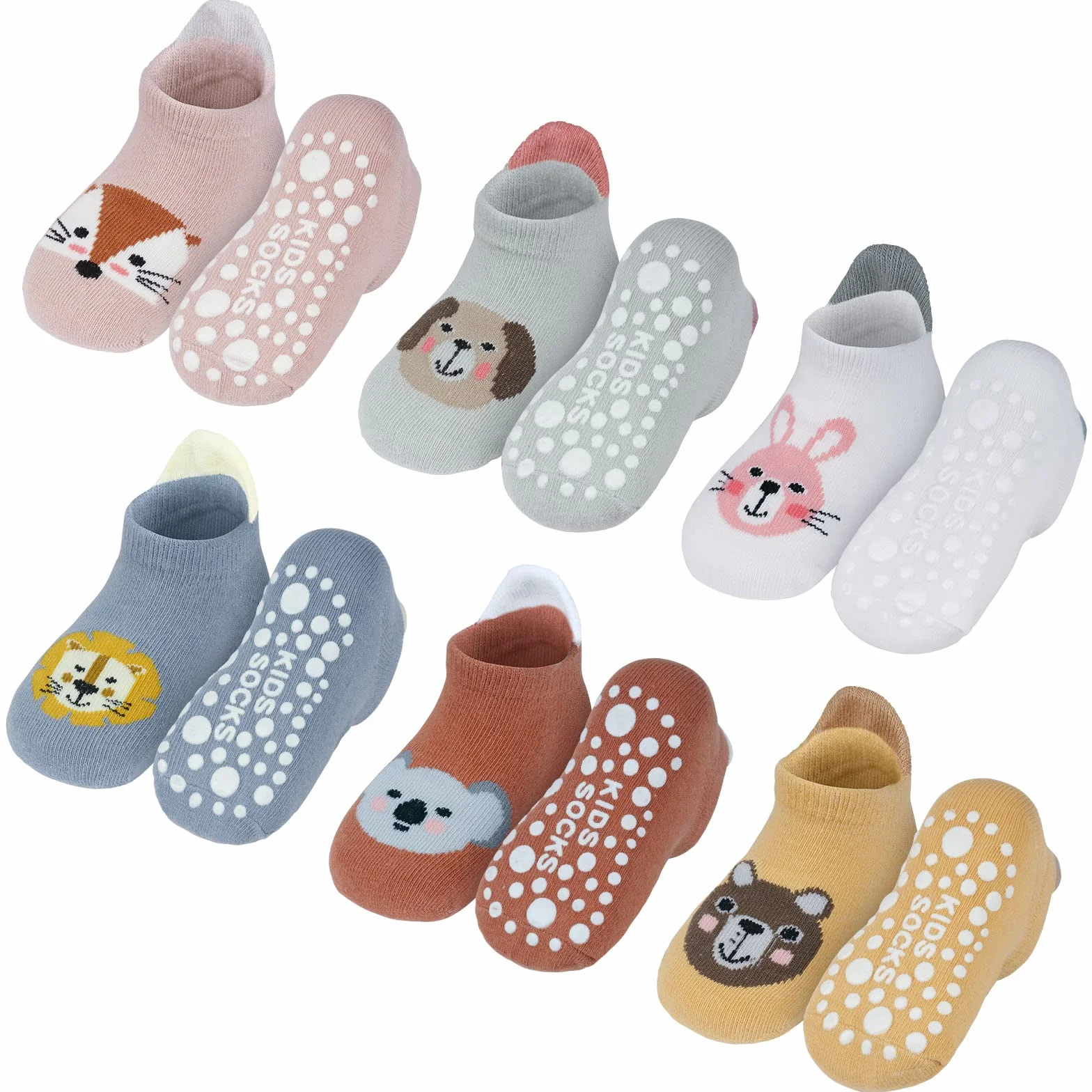 Vicloon Lot de 6 paires chaussettes antidérapantes coton imprimé animal bébé 12-18 mois
