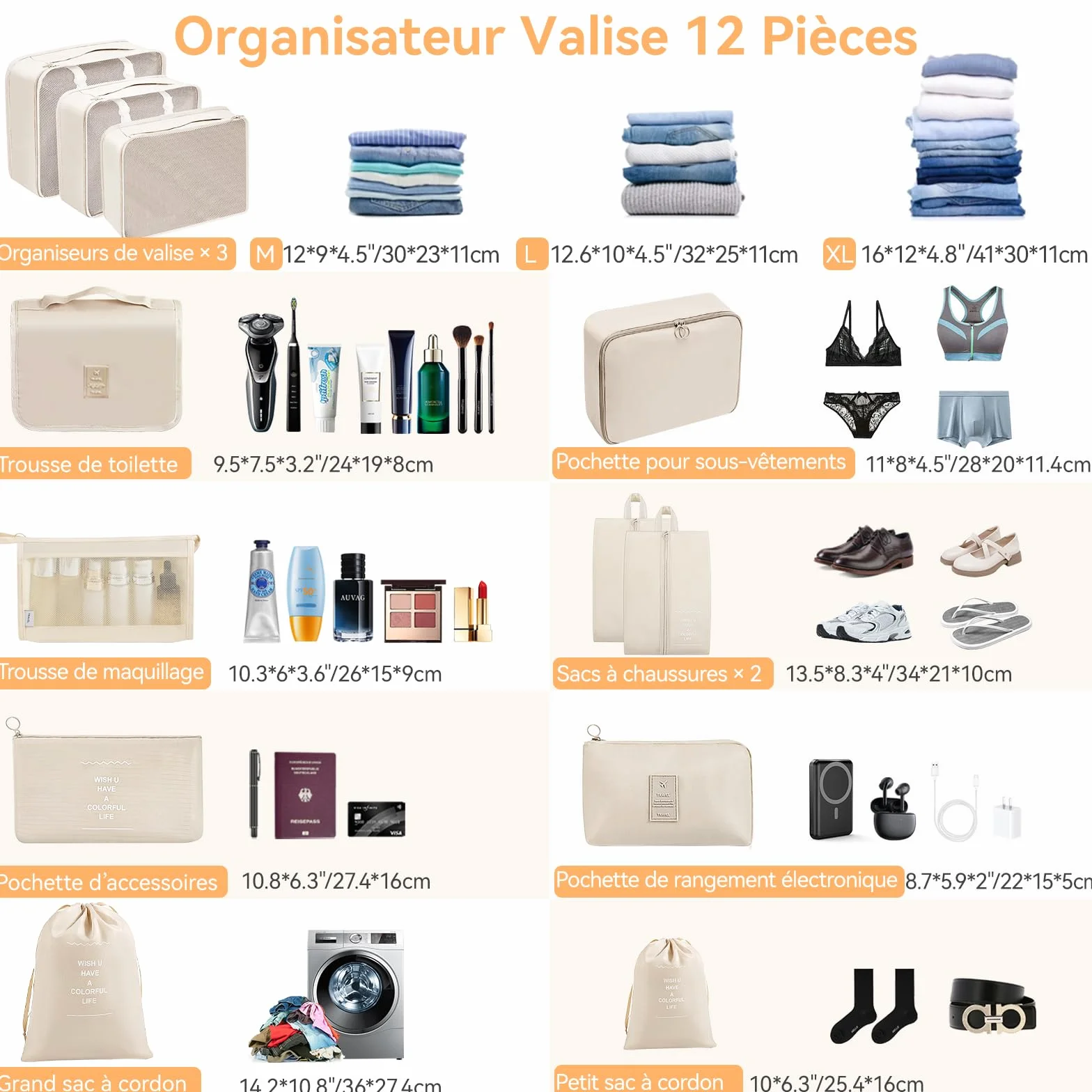 Organisateur Valise 12 Pièces Beige - Pochette Rangement Voyage Packing Cubes