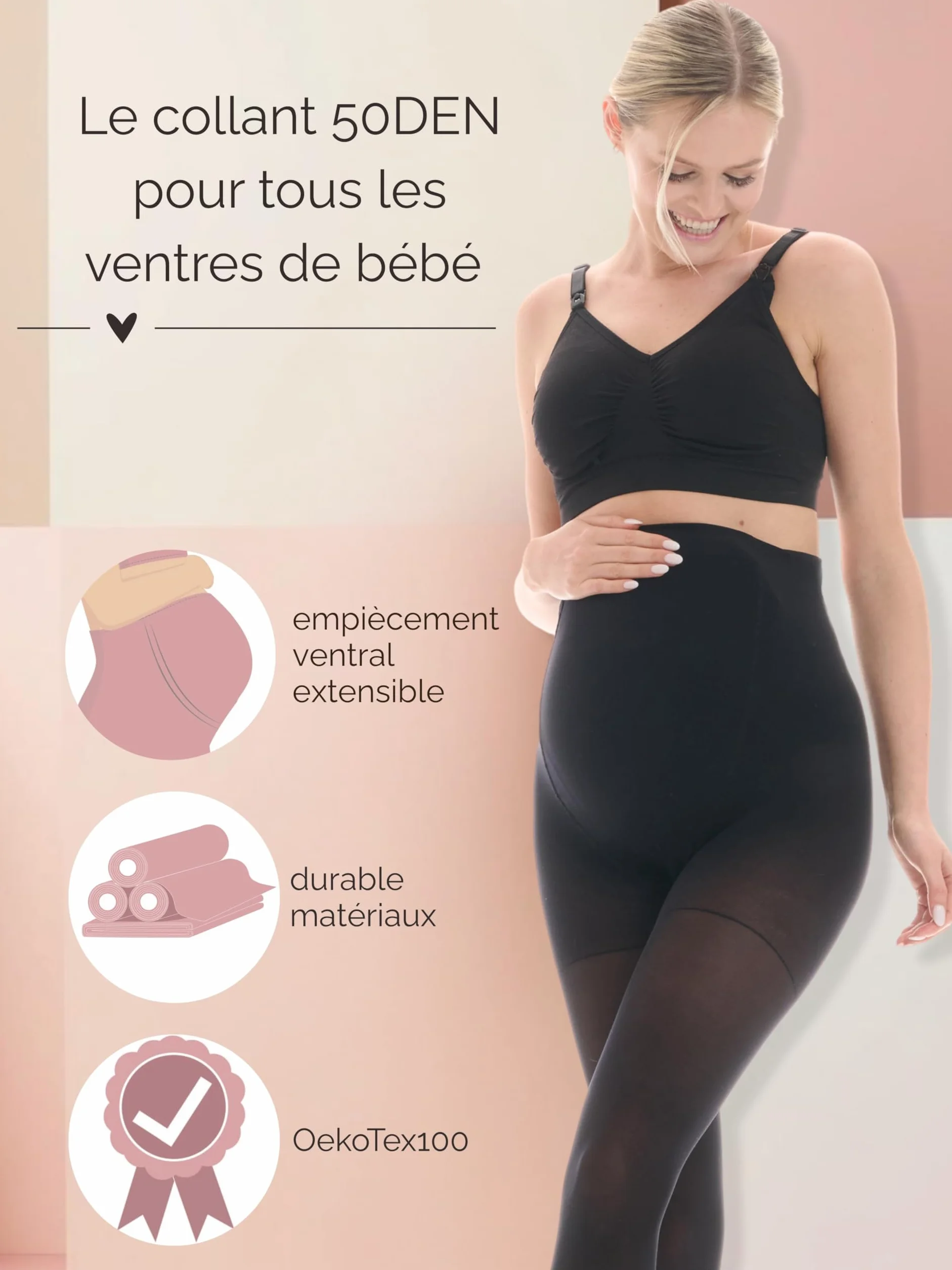 Herzmutter Collant de Maternité 50DEN - Collants de Grossesse semi-opaques - Mat-Beige-Noir - Certifié Oeko-Tex 100 - Lot de 1 & 2-1800