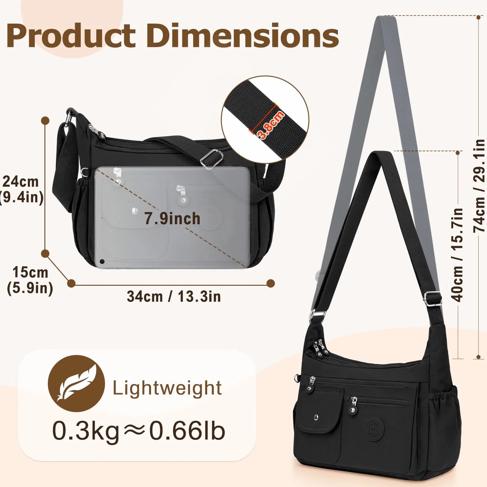 Sac Bandoulière Femme Nylon Impermeable Sacoche Multipoches Messenger avec Bandoulière Réglable