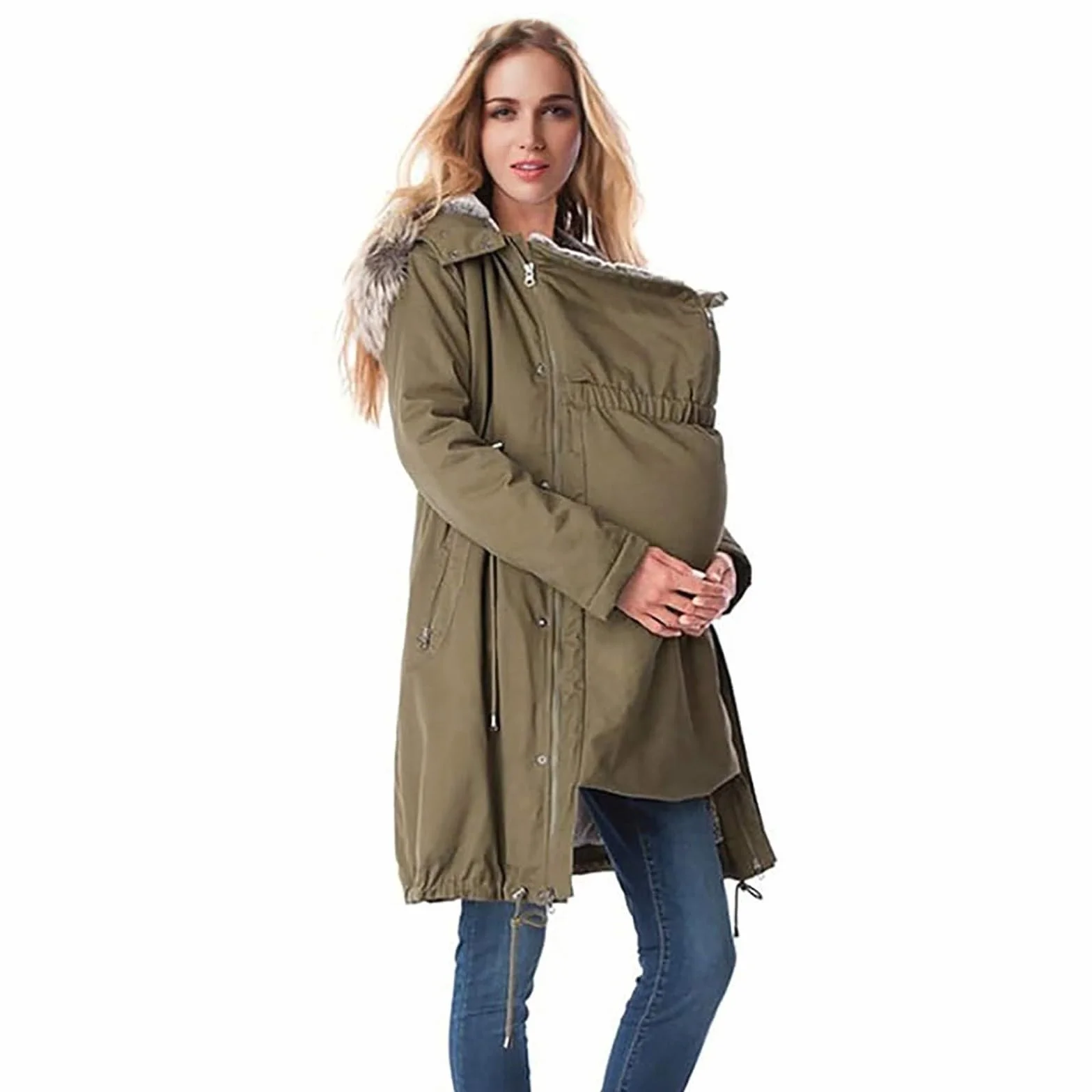 Manteau de portage hiver parka 3 en 1 chaude longueur genou col fourrure capuche coupe-vent pour maman et bébé L