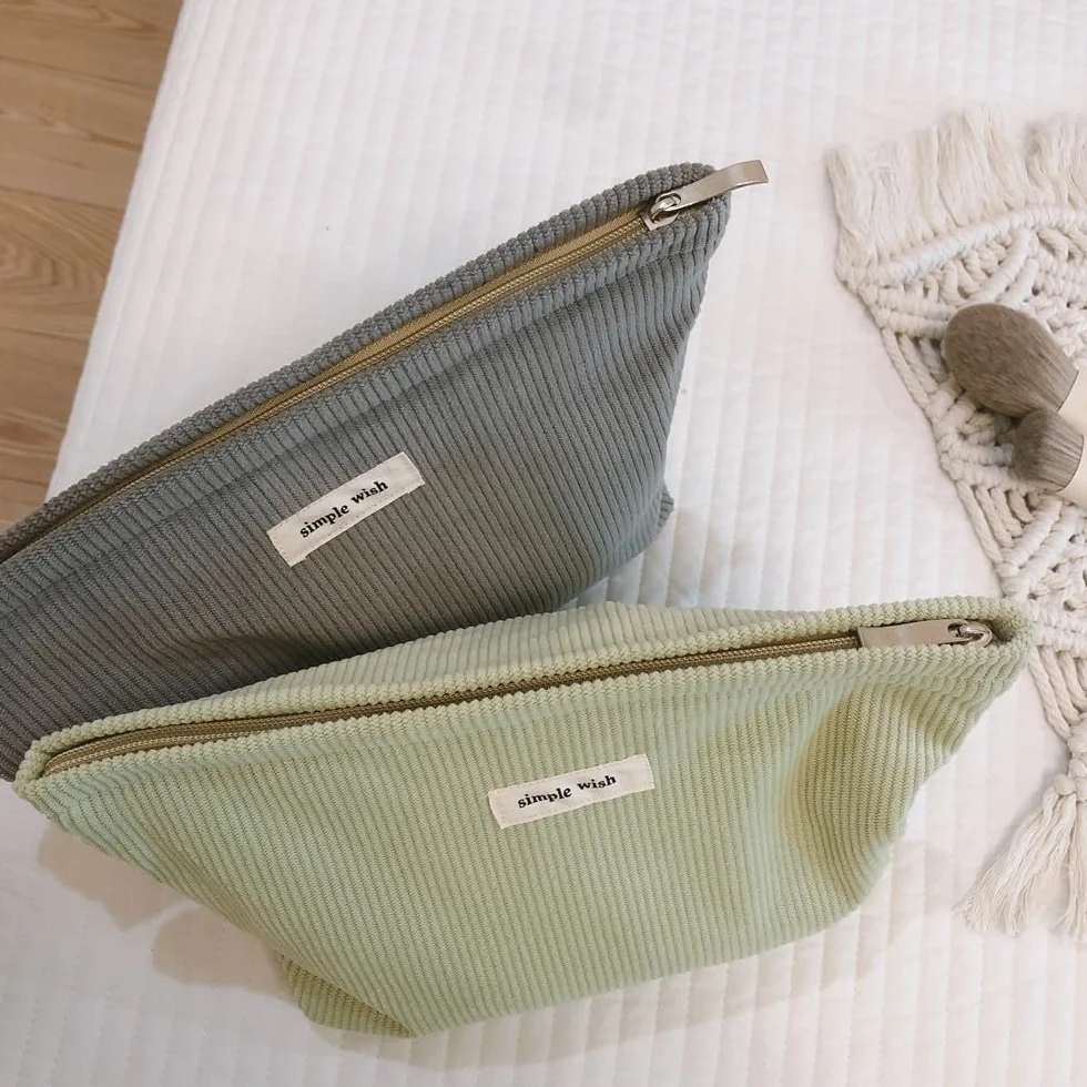 Trousse de Toilette Femme en Velours Côtelé pour Voyage, Maquillage, Sac Cosmétique (Vert)