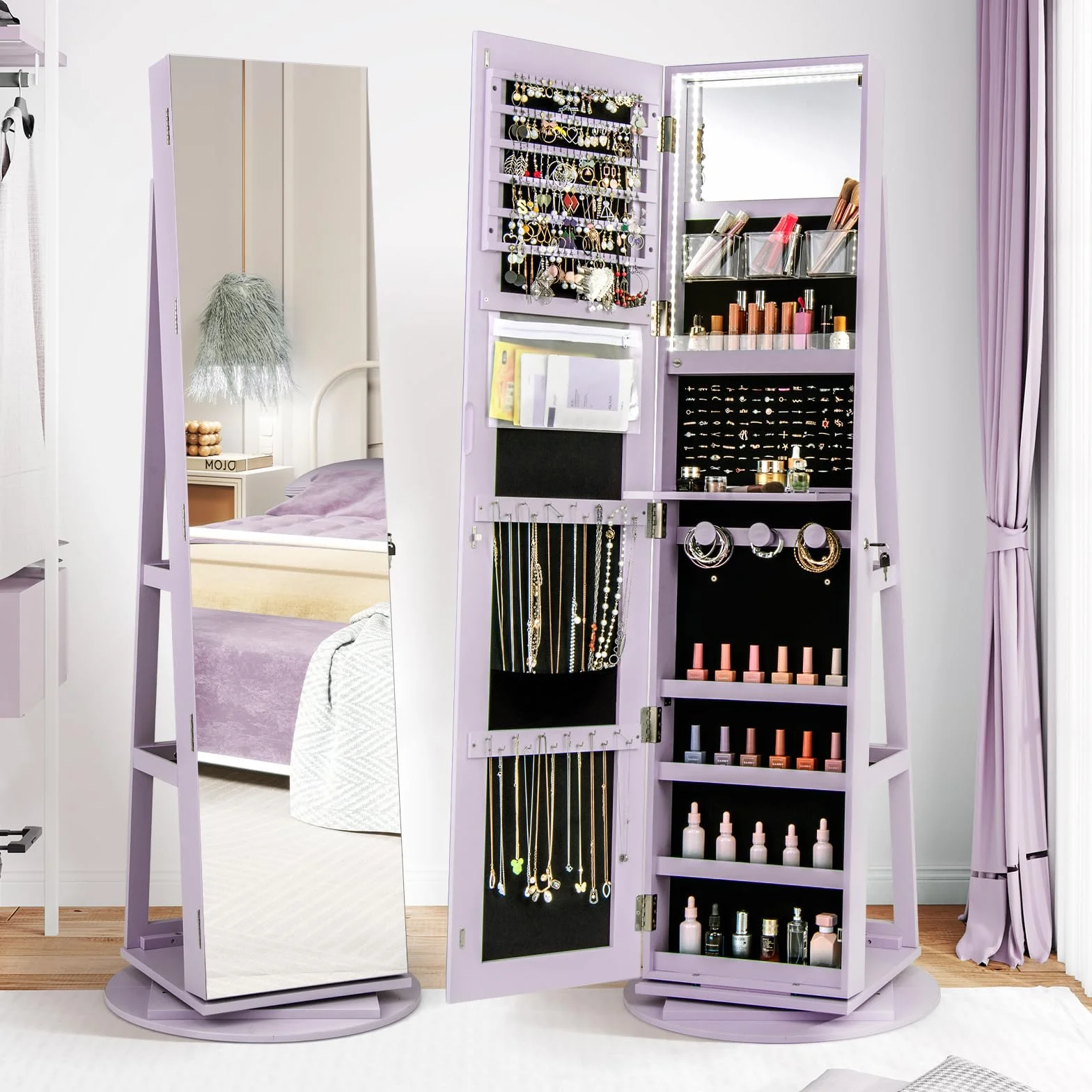 COSTWAY Armoire à Bijoux Pivotante 360° avec Miroir Pleine Longueur et Lumières LED 3 Couleurs, Style Nordique Violet