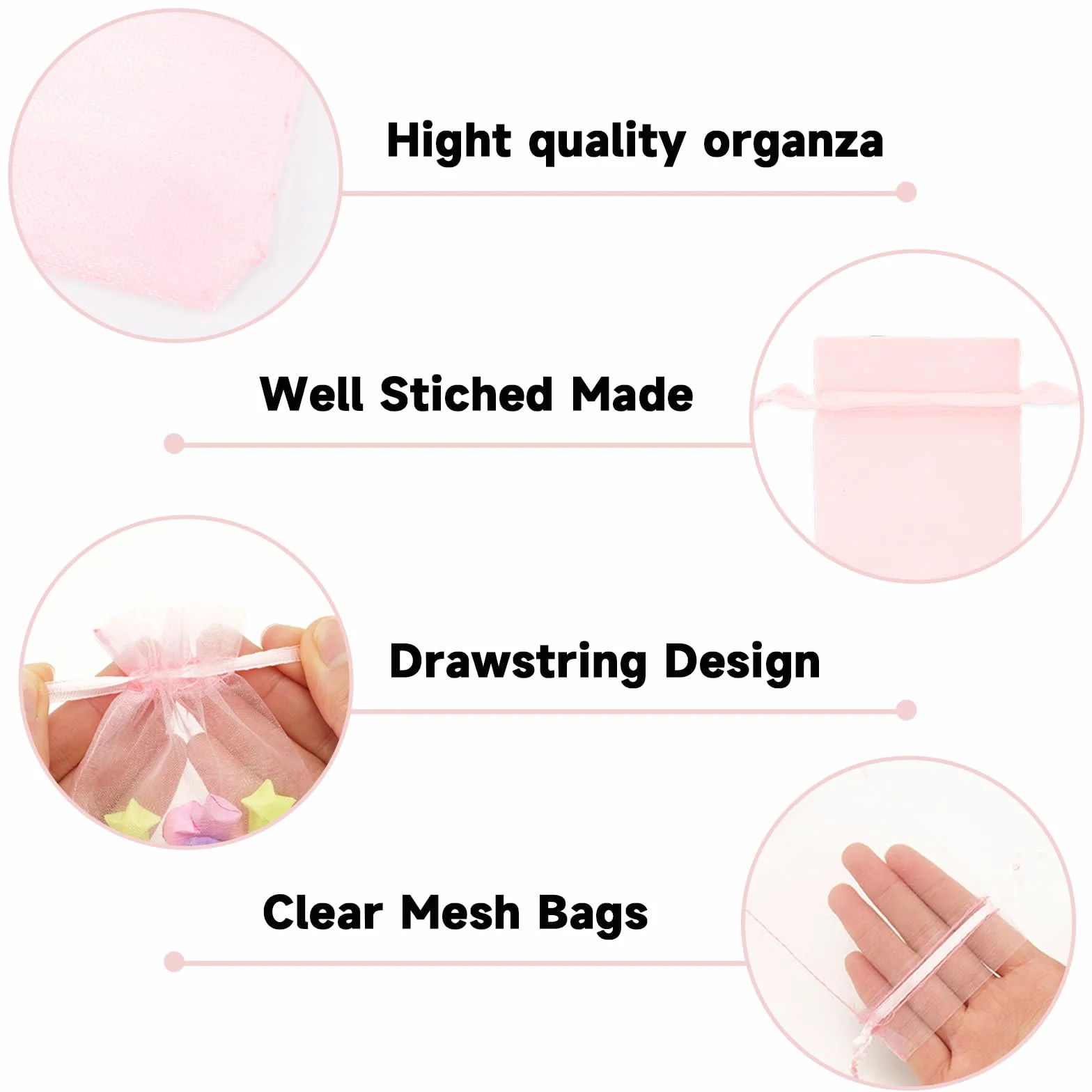 Lot de 50 sachets en organza rose bébé 7 x 9 cm avec cordon de serrage transparent pour bijoux cadeau mariage