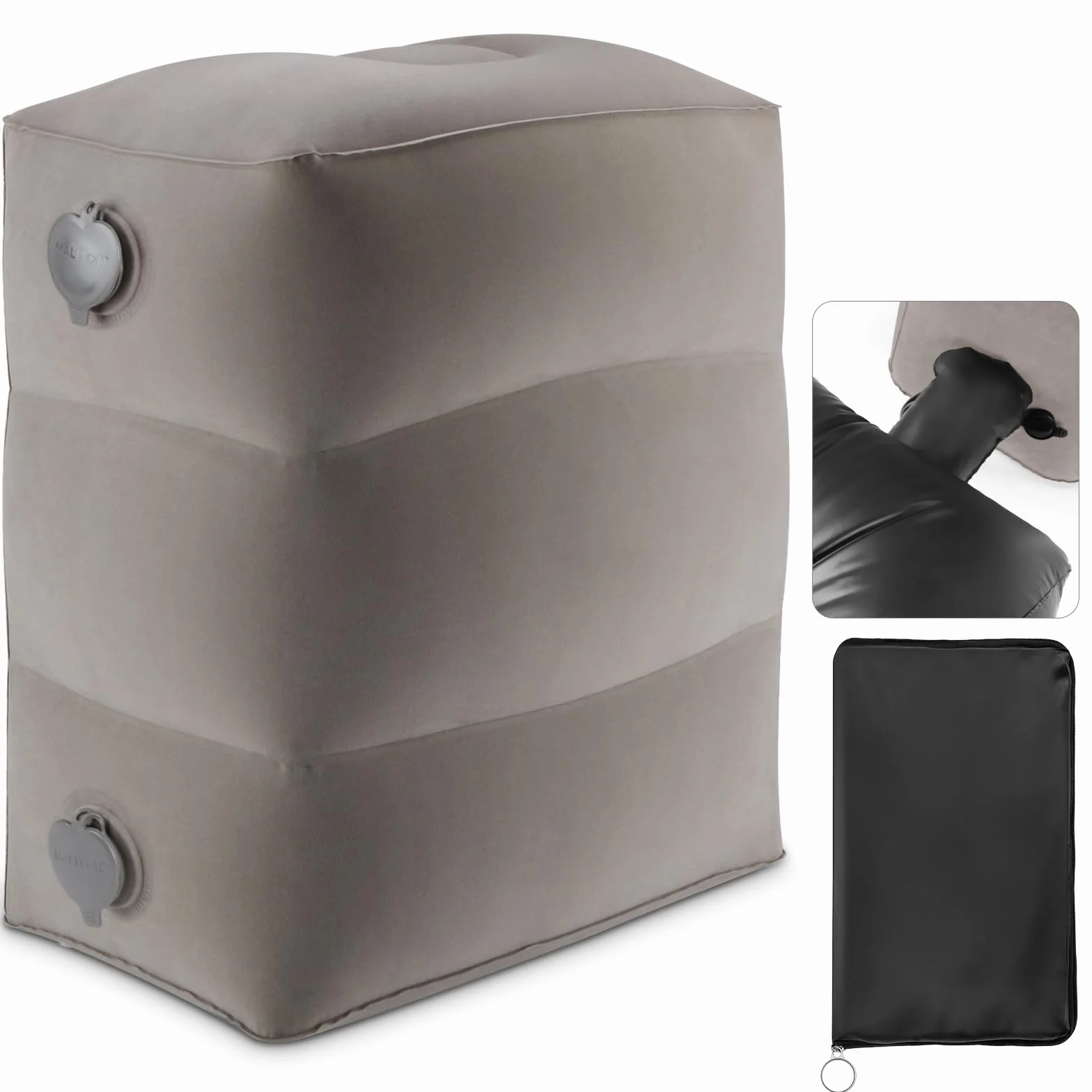 Repose-pied gonflable Maliton, Coussin de voyage réglable pour avion/voiture, Avec poche – Gris