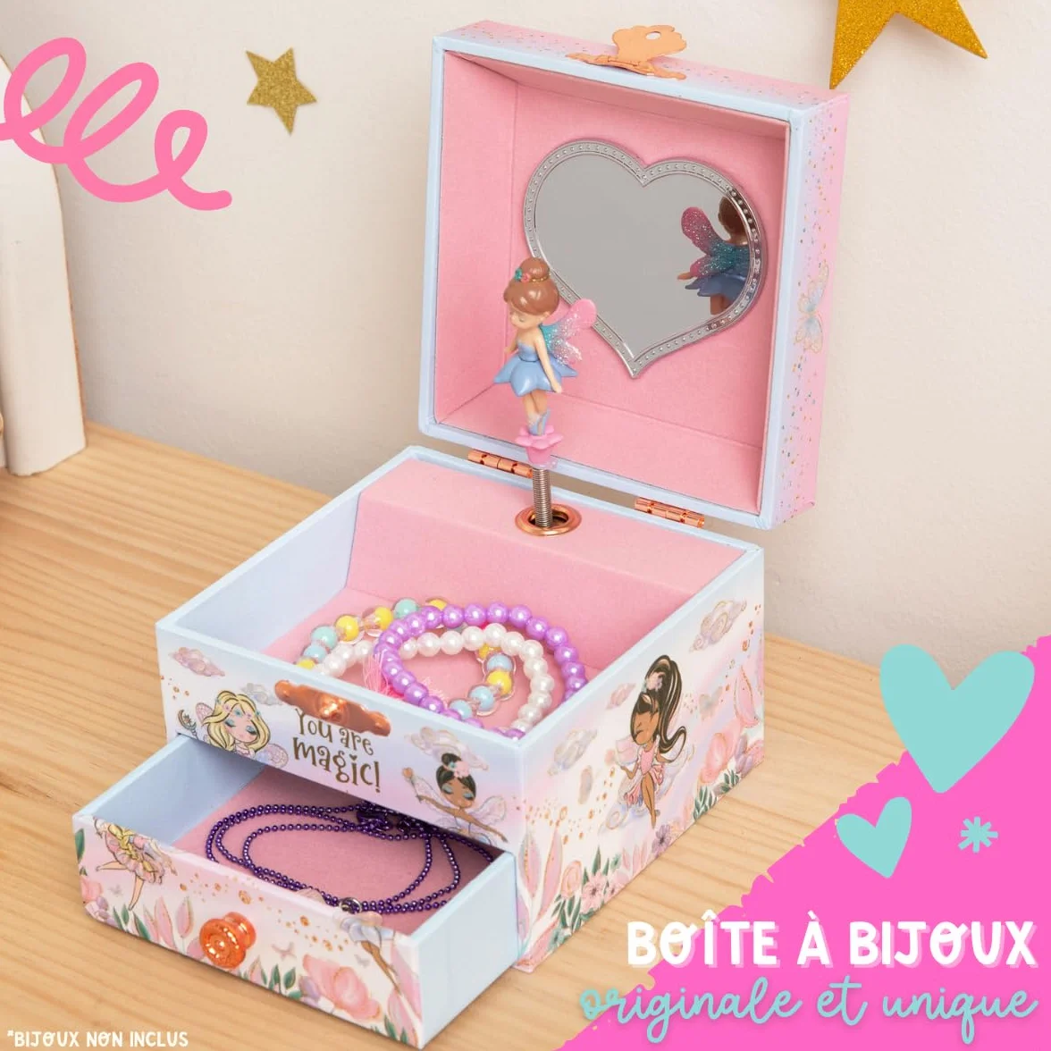 Boîte à Bijoux Musicale pour Filles avec Miroir, Cadeau Princesse 3-10 ans, Rose