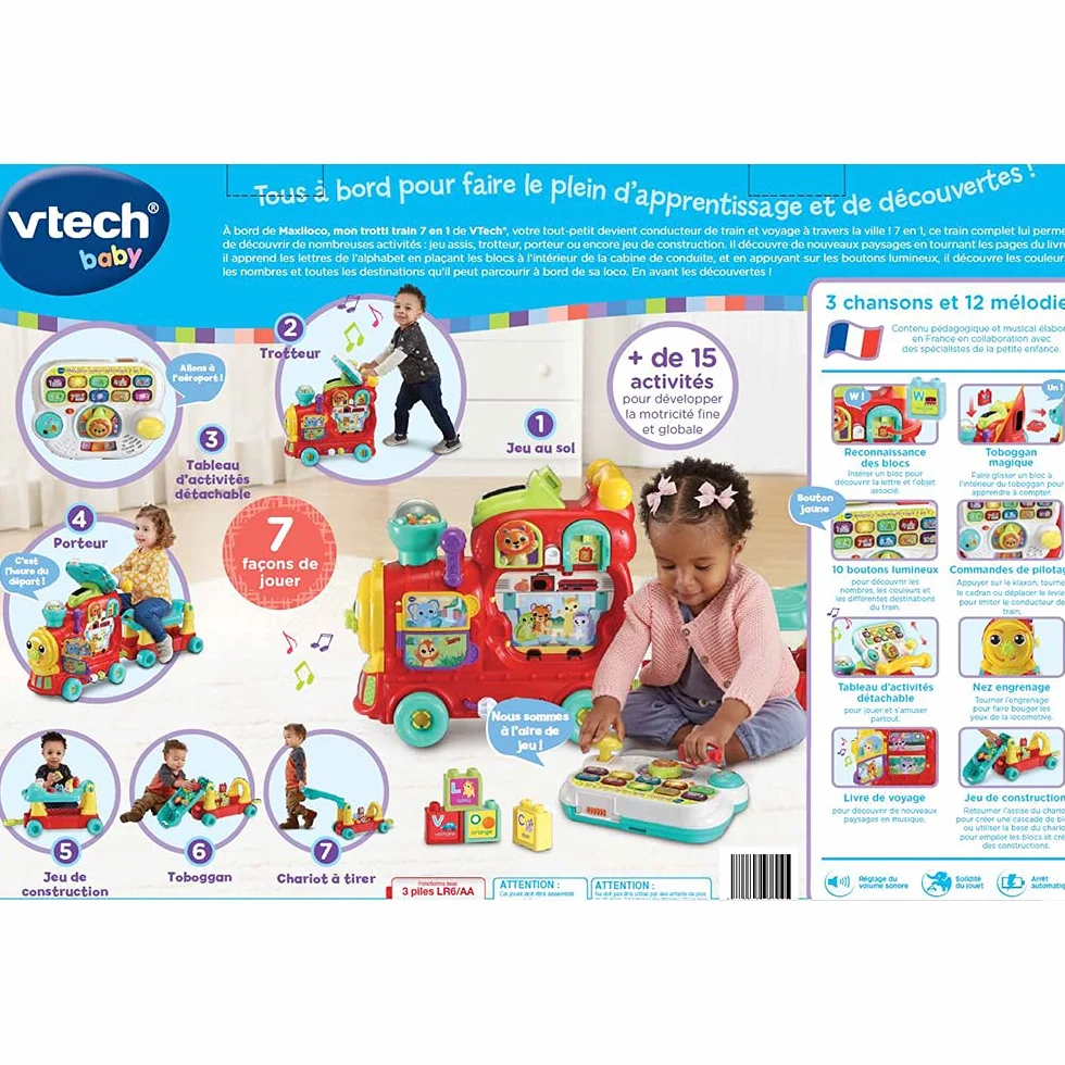 VTech Maxiloco Mon Trotti Train 7 en 1 Trotteur Pousseur Bébé Porteur Évolutif Tableau d'Éveil Interactif Détachable Blocs de Construction Alphabet Cadeau Bébé Dès 1 an